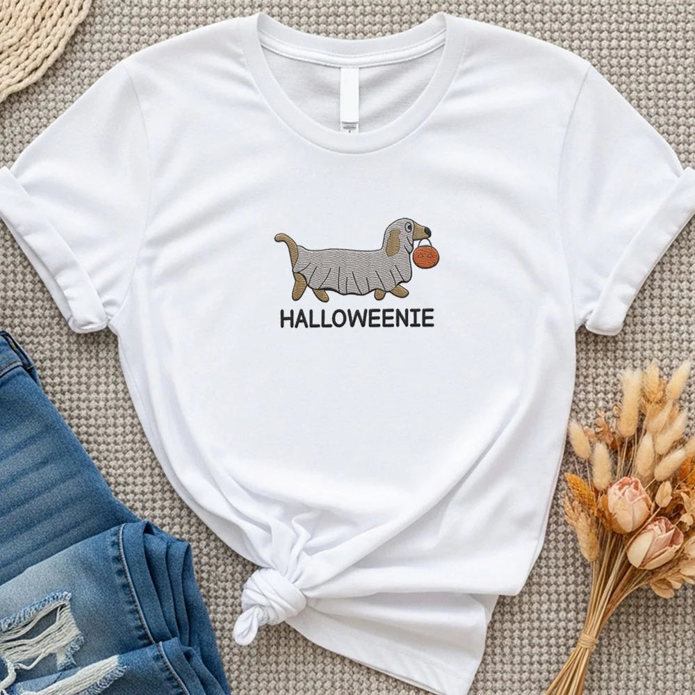 Embroidered Dachshund Halloween Ghost T-Shirt Funny Wiener Tee Doxie Mom Gift Trick or Treat Weenie Dog Tshirt Spooky Season Halloweenie Shirt