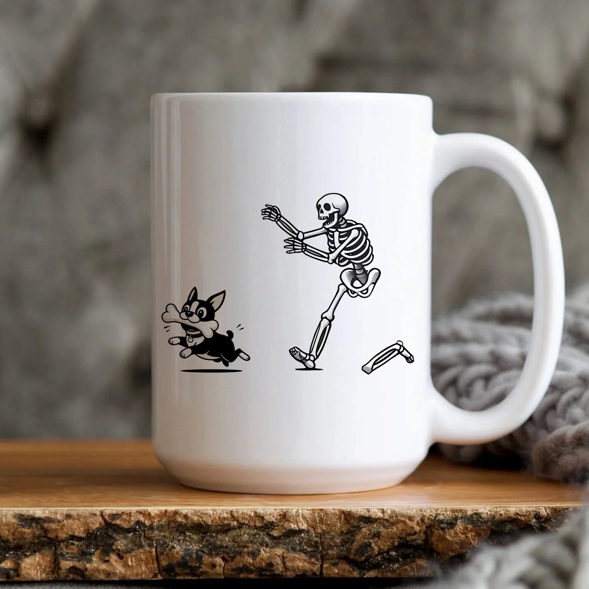 Funny Skeleton Chasing Boston Terrier Mug, Cute Halloween Boston Terrier Coffee Cup, Spooky Cartoon Dog Mug, Funny Halloween Mug, Pet Lover Gift