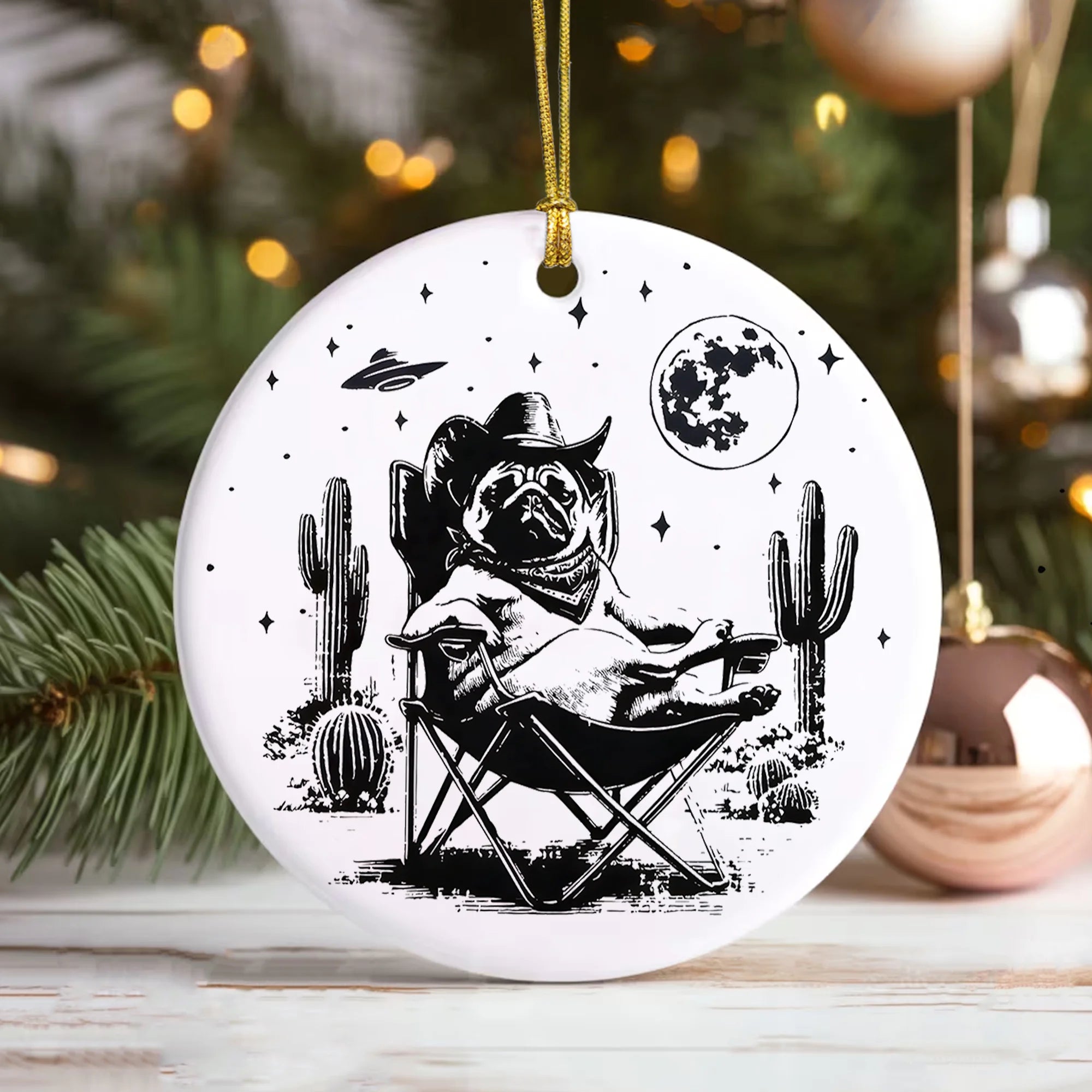 Pug Ceramic Ornaments, Vintage UFO Western Pug Christmas Ornament, Retro Dog Ornament, Cowboy Ornament, Wild West Dog Mom Gift, Dog Dad Holiday Keepsake