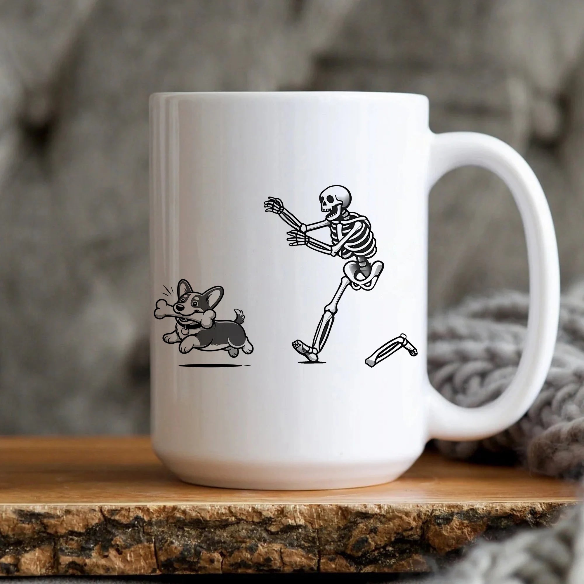 Funny Skeleton Chasing Corgi Mug, Cute Halloween Dog Coffee Cup for Pet Lovers, Spooky Cartoon Mug, Humor Gift, Halloween Drinkware