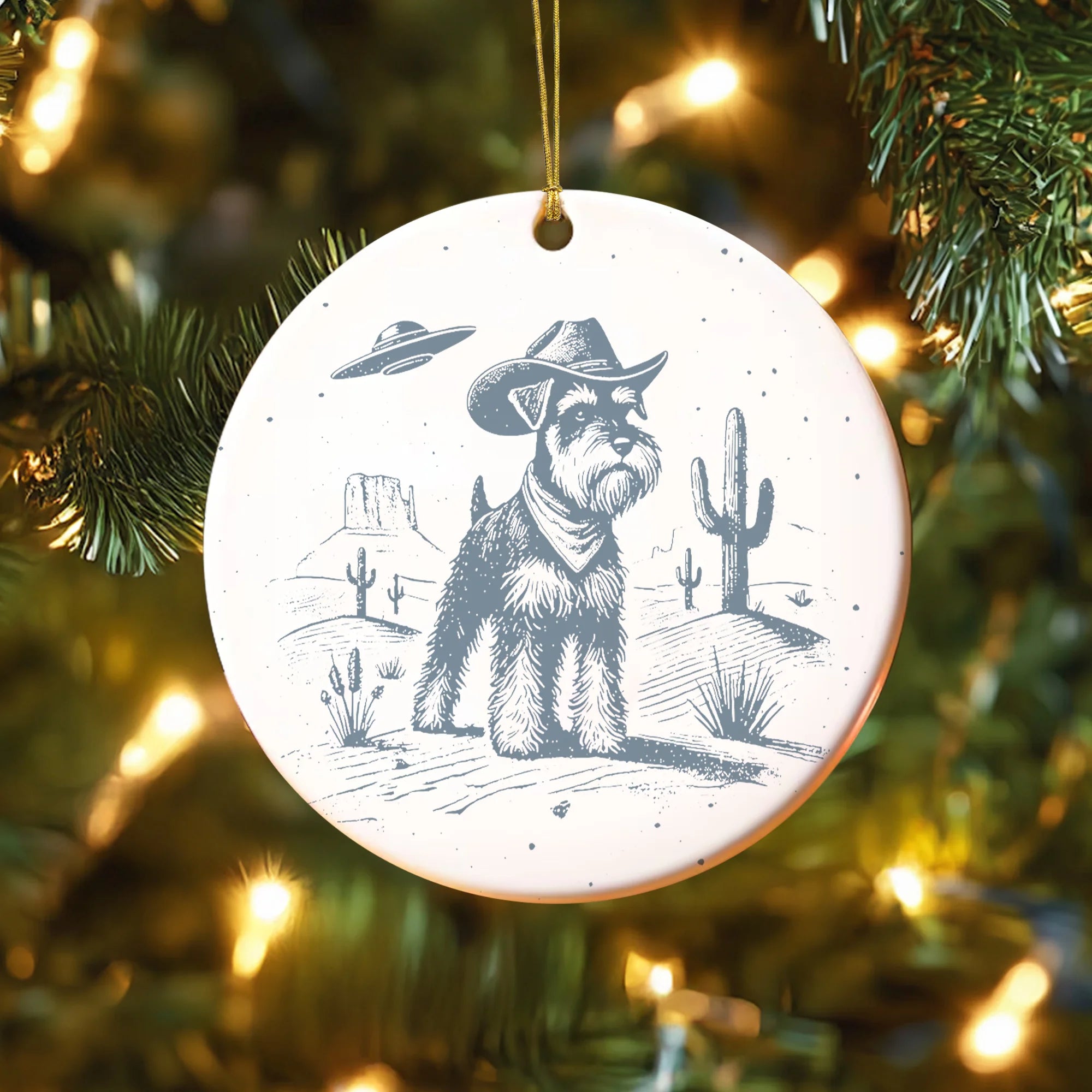Schnauzer Ceramic Ornaments, Schnauzer Vintage UFO Western Christmas Ornament, Retro Dog Ornament, Cowboy Ornament, Wild West Dog Mom Gift, Dog Dad Holiday Keepsake