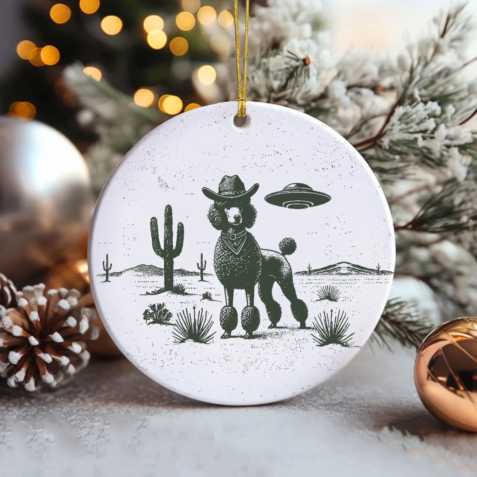 Poodle Ceramic Ornament, Vintage UFO Western Dog Ornament, Retro Cowboy Wild West Keepsake, Dog Mom Holiday Gift for Poodle Lovers
