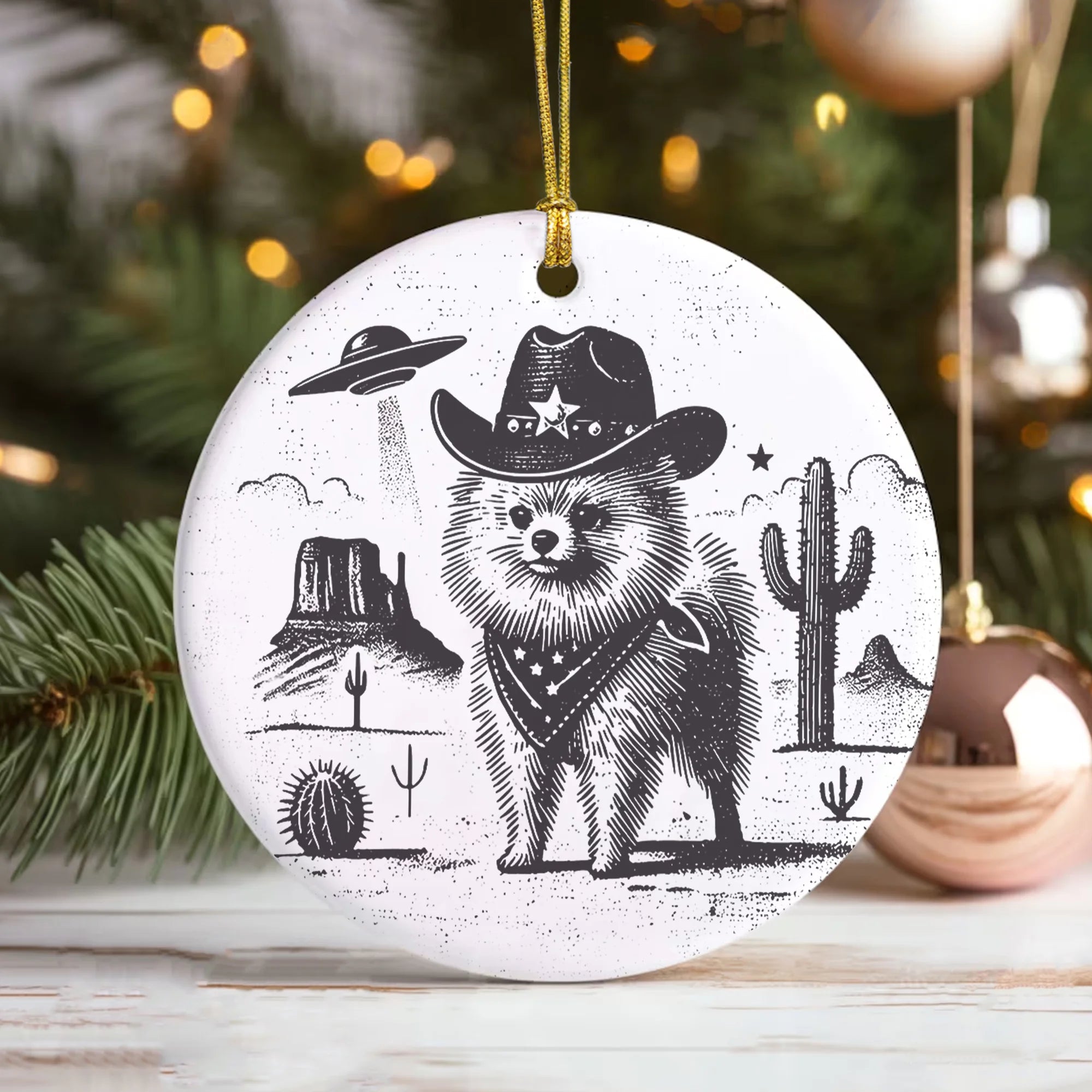 Pomeranian Ceramic Ornament, Vintage UFO Western Dog Ornament, Retro Cowboy Wild West Keepsake, Pom Mom Dad Holiday Gift