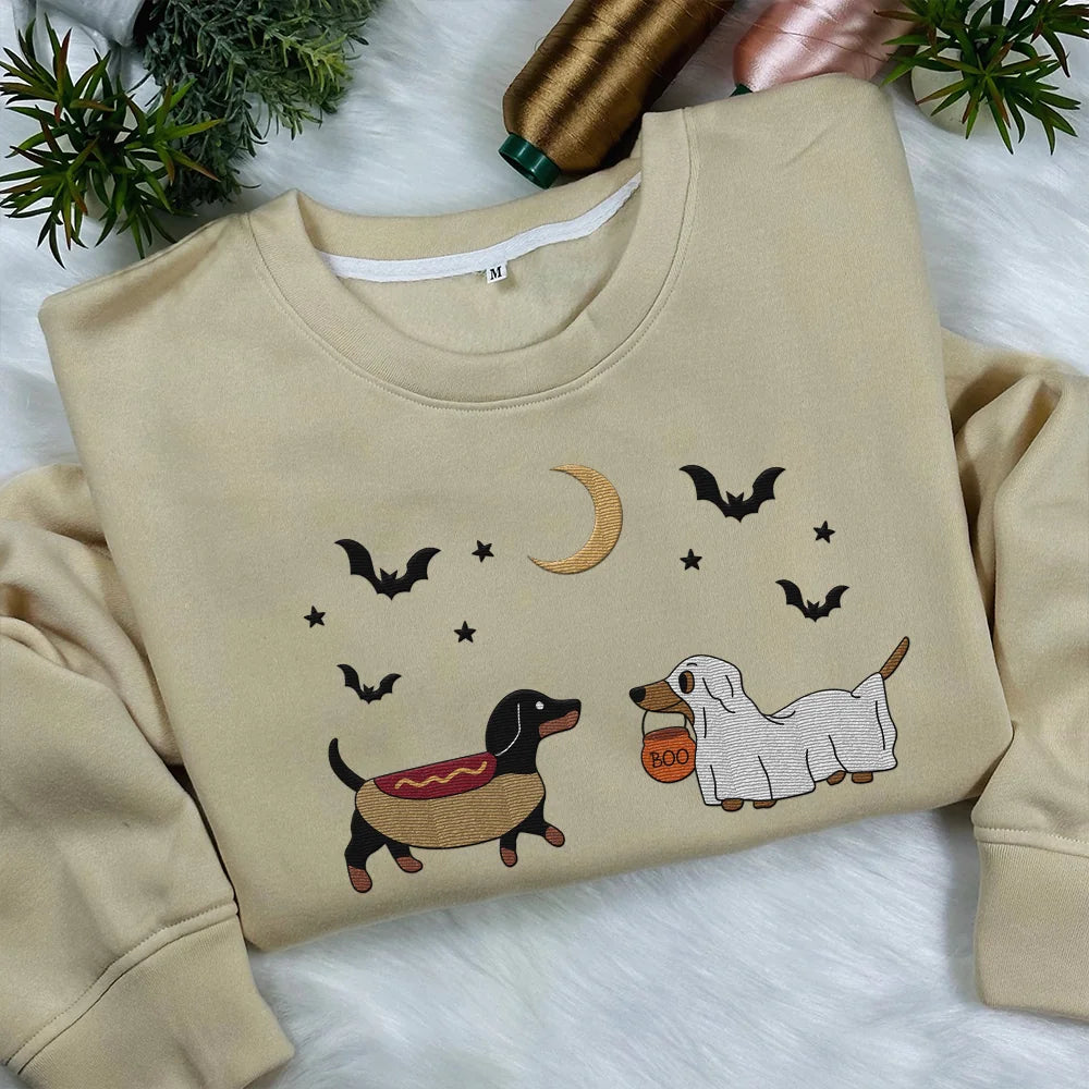 Embroidered Halloween Dachshunds Sweatshirt, Spooky Season Pup Crewneck, Haloween Pet Sweatshirt, Halloween Party Cute Shirt For Dog Mom