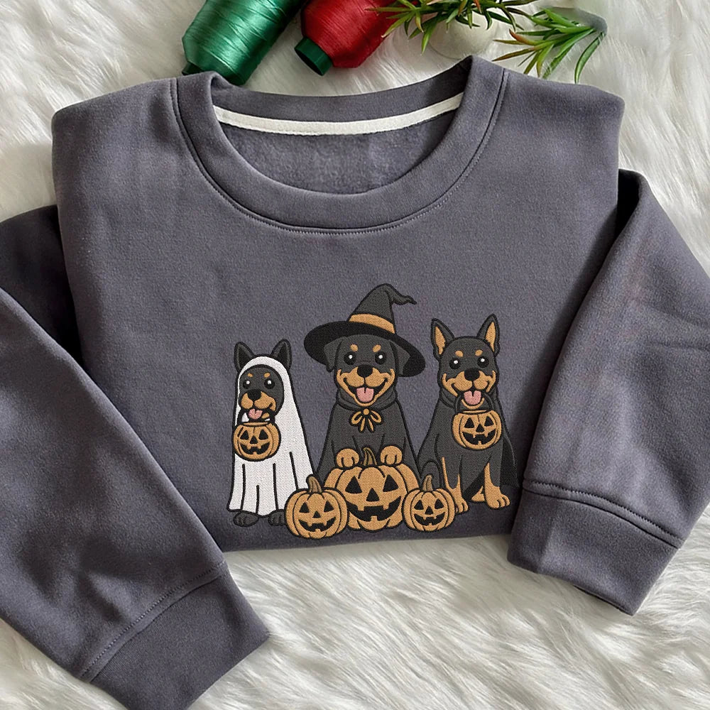Embroidered Rottweiler Ghost Dogs Sweatshirt, Halloween Dog Crewneck,Halloween Sweater, Halloween Dog Lover, Halloween Spooky Dog, Dog Mama
