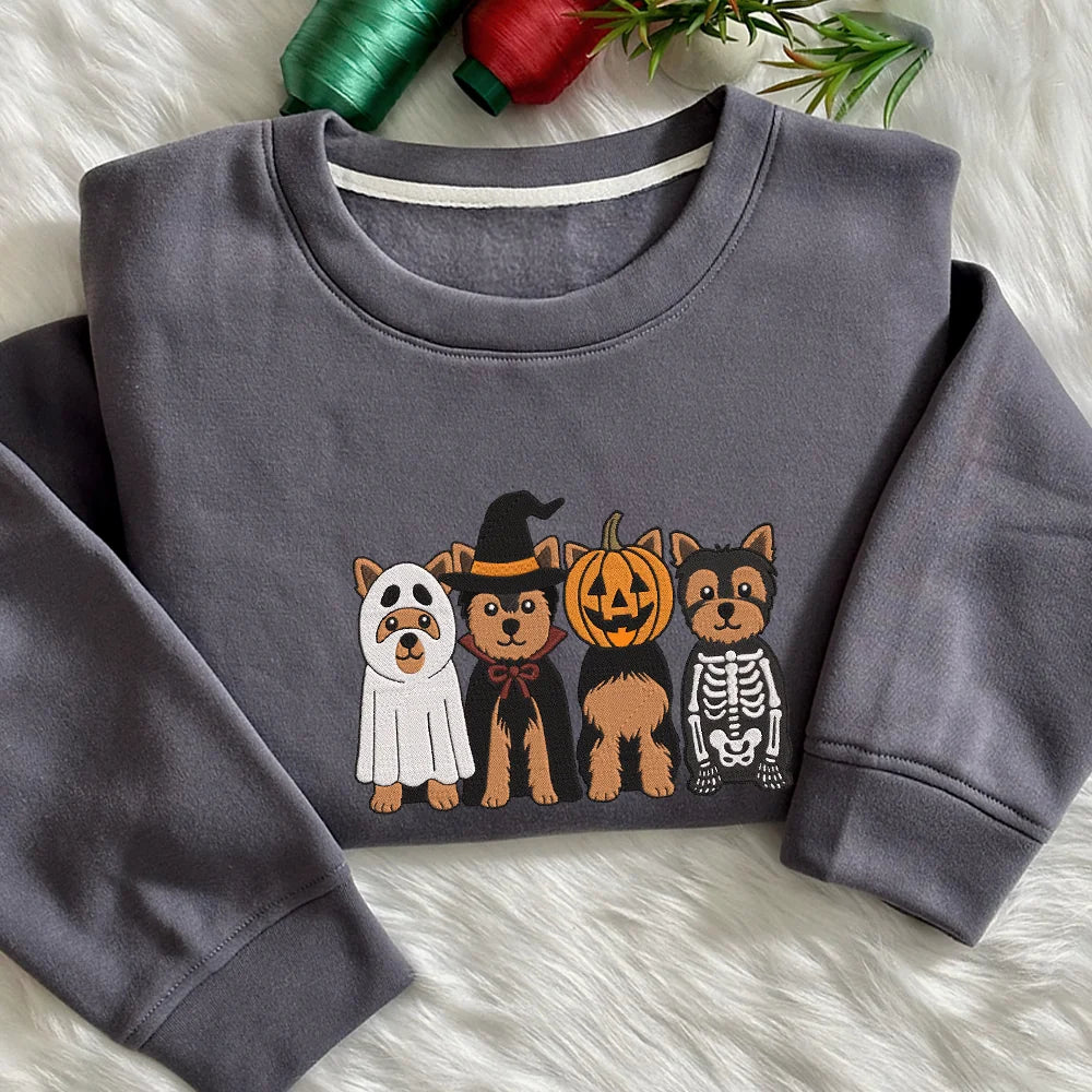 Embroidered Yorkshire Terrier Ghost Dogs Sweatshirt, Halloween Dog Crewneck, Halloween Sweater, Halloween Dog Lover, Dog Mama ,Spooky Dog