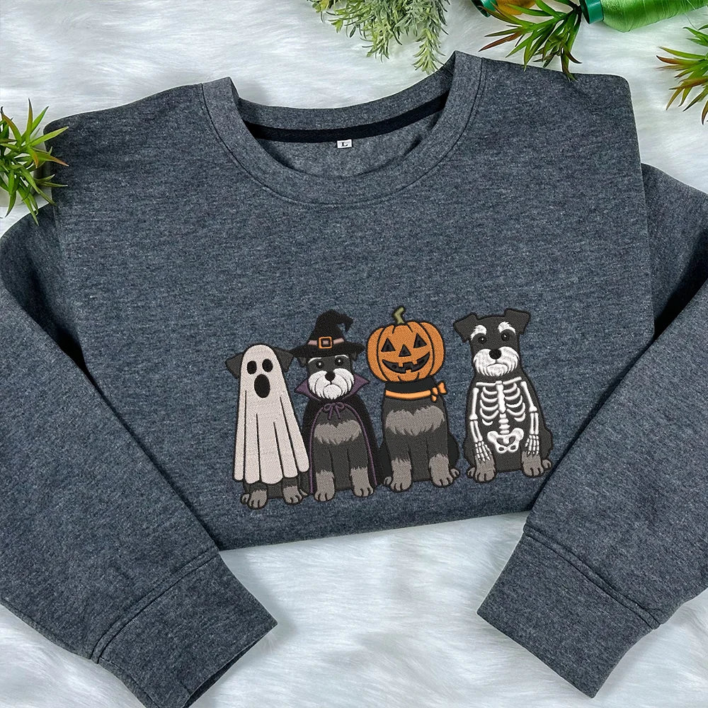 Embroidered Miniature Schnauzer Ghost Dogs Sweatshirt, Halloween Dog Crewneck, Halloween Sweater, Halloween Dog Lover, Dog Mama ,Spooky Dog