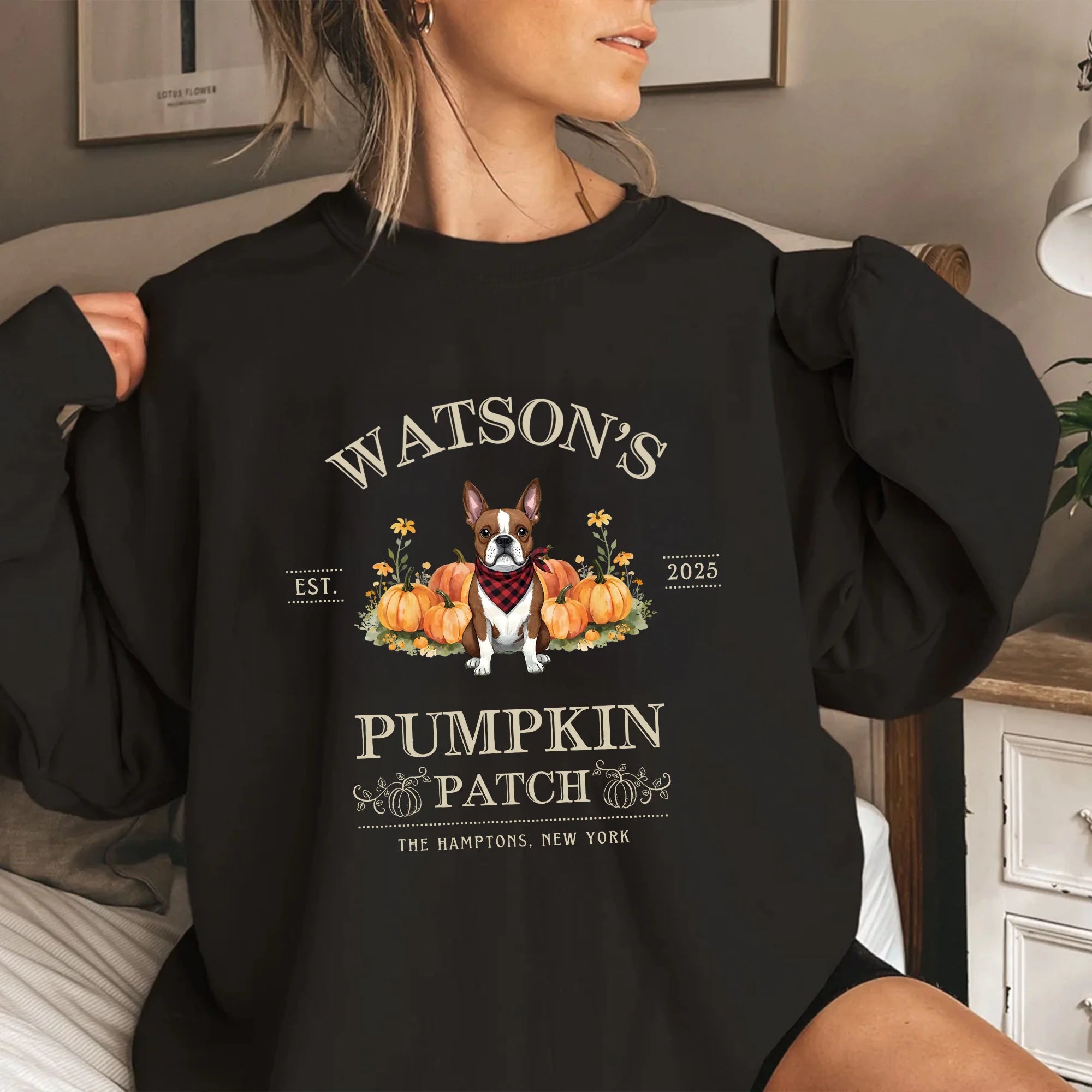Boston Terrier Sweatshirt Halloween Boston Terrier Shirt Personalized Dog Sweater Pumpkin Farm Crewneck Dog Mom Gift Terrier Dogs Halloween