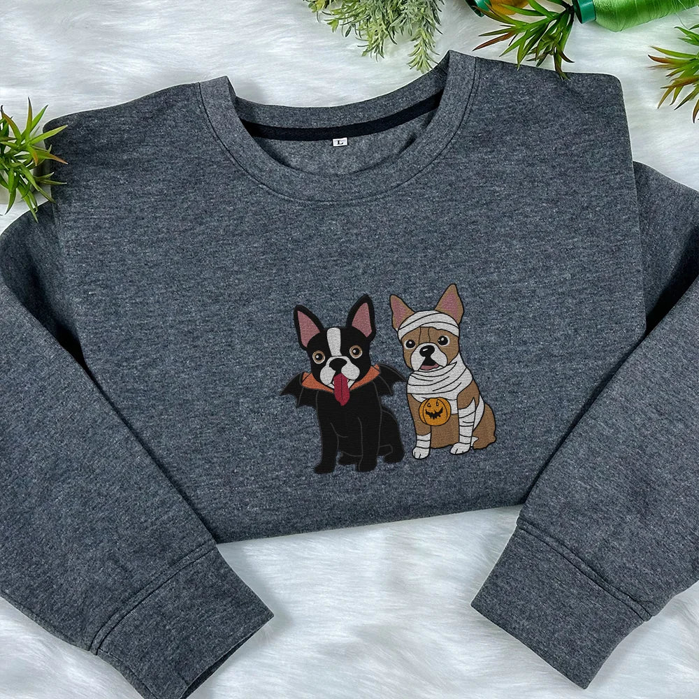 Embroidered Boston Terrier Halloween Sweatshirt, Сute Ghost Dog Shirt, Dog Lovers Halloween Gift, Halloween Dog Crewneck, Spooky Season