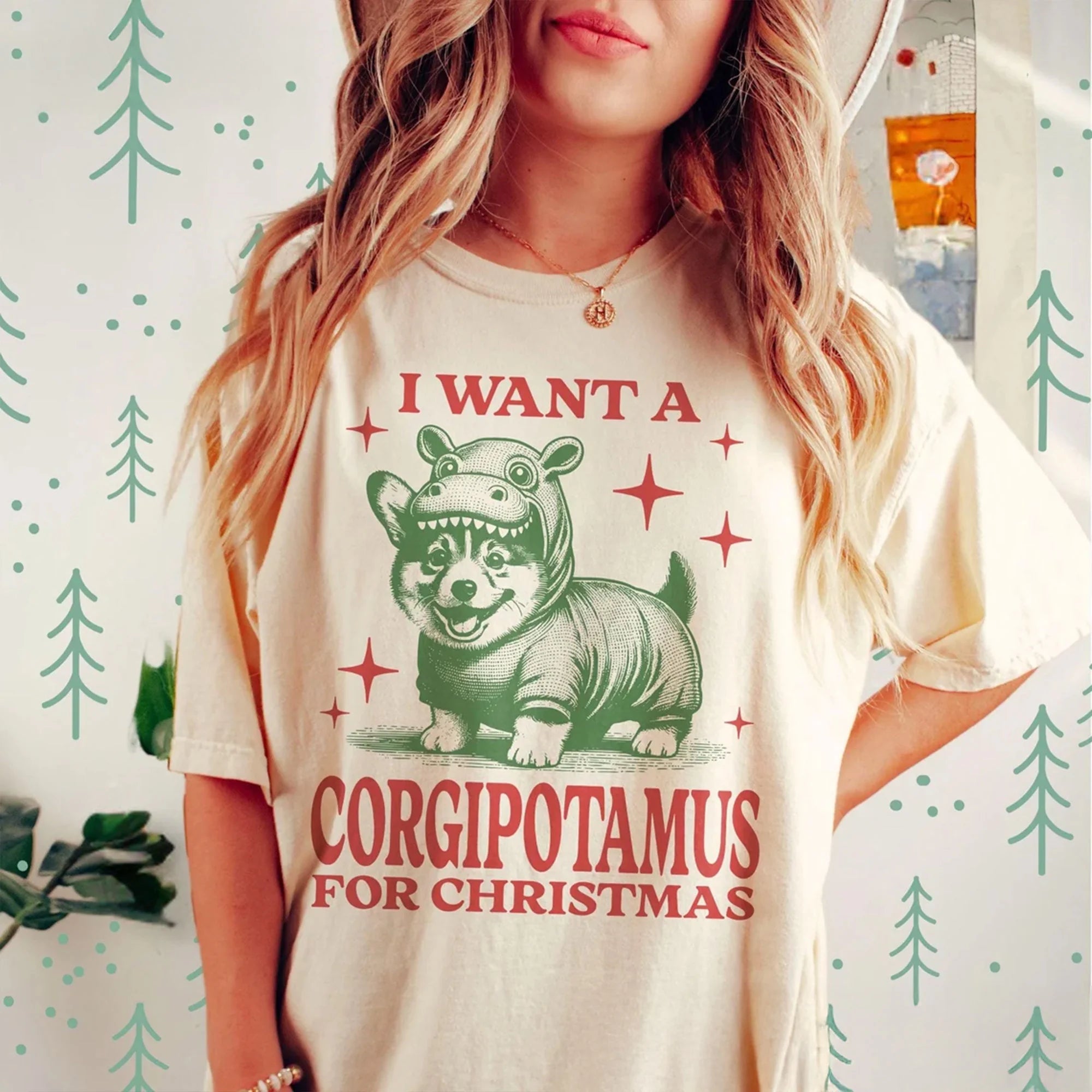 Funny Corgi Christmas T-Shirt Comfort Colors, Corgi Lover Gift Hippo Corgi Tshirt Holiday Dog Mom Tee Retro Graphic Pet Owner Xmas Cute Top