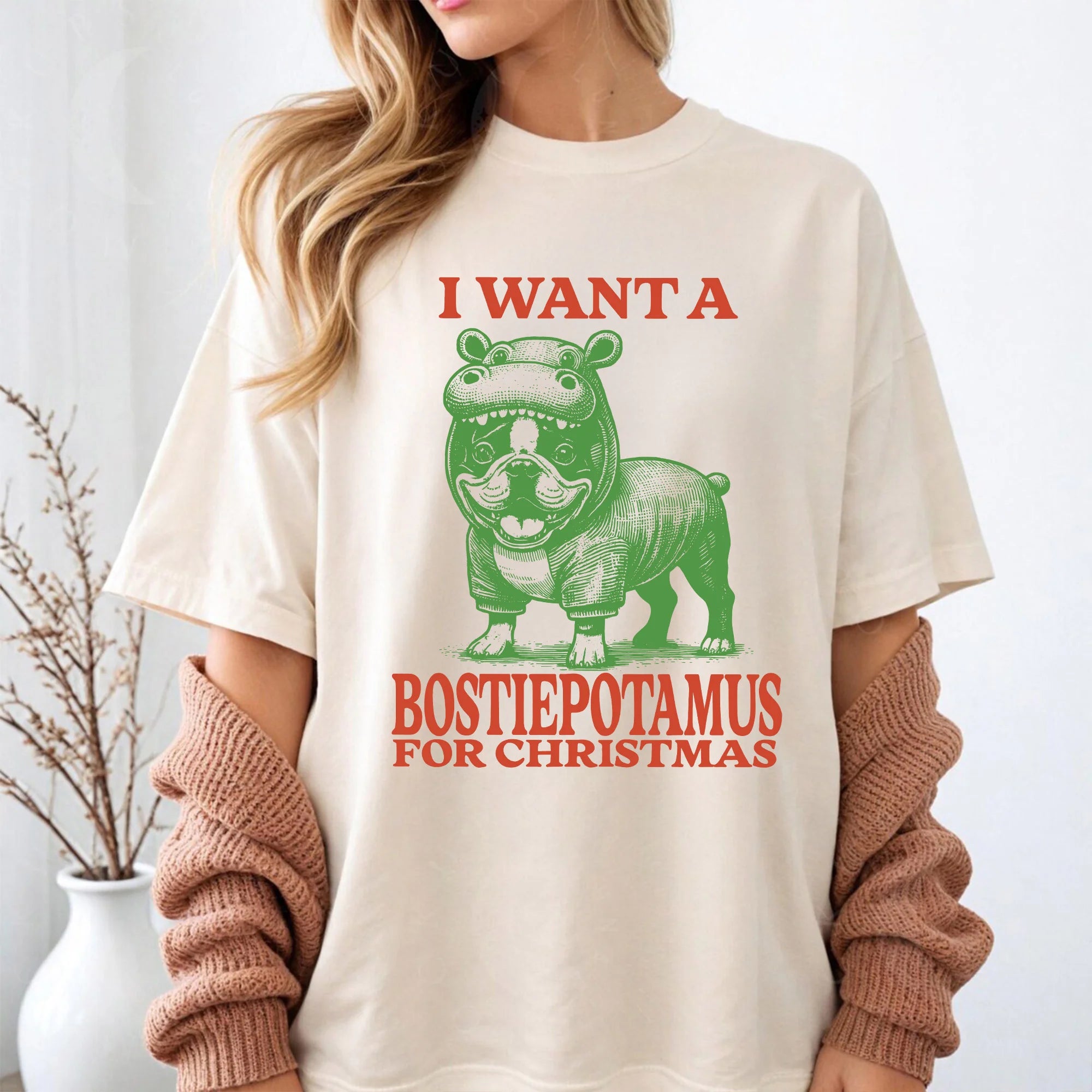 Christmas Boston Terrier T-Shirt, Funny Holiday Bostie Hippo Graphic Tee Dog Mom Gift Xmas Pet Owner Tshirt Humorous Festive Party Top Boston