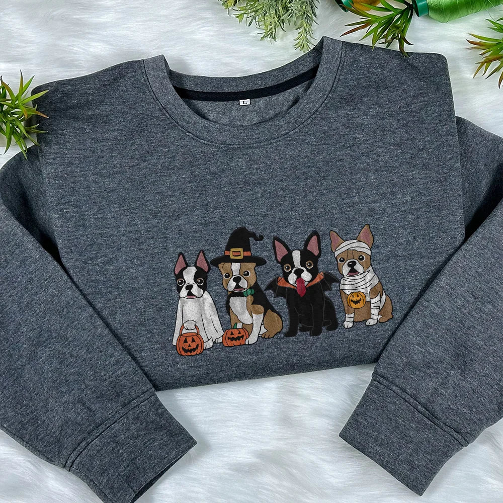 Embroidered Boston Terrier Halloween Sweatshirt, Ghost Dogs Crewneck, Halloween Dog Shirts, Fall Sweater, Spooky Season, Dog Lover Gift