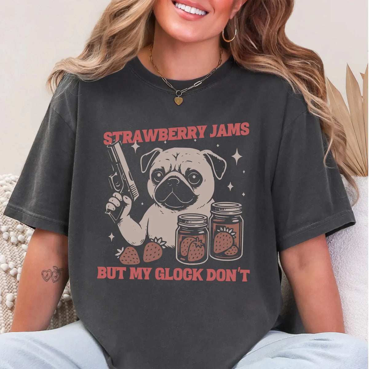 Funny Pug T-Shirt Strawberry Jams But My Glock Don't Pug Meme Tee, Gift for Dog Lovers