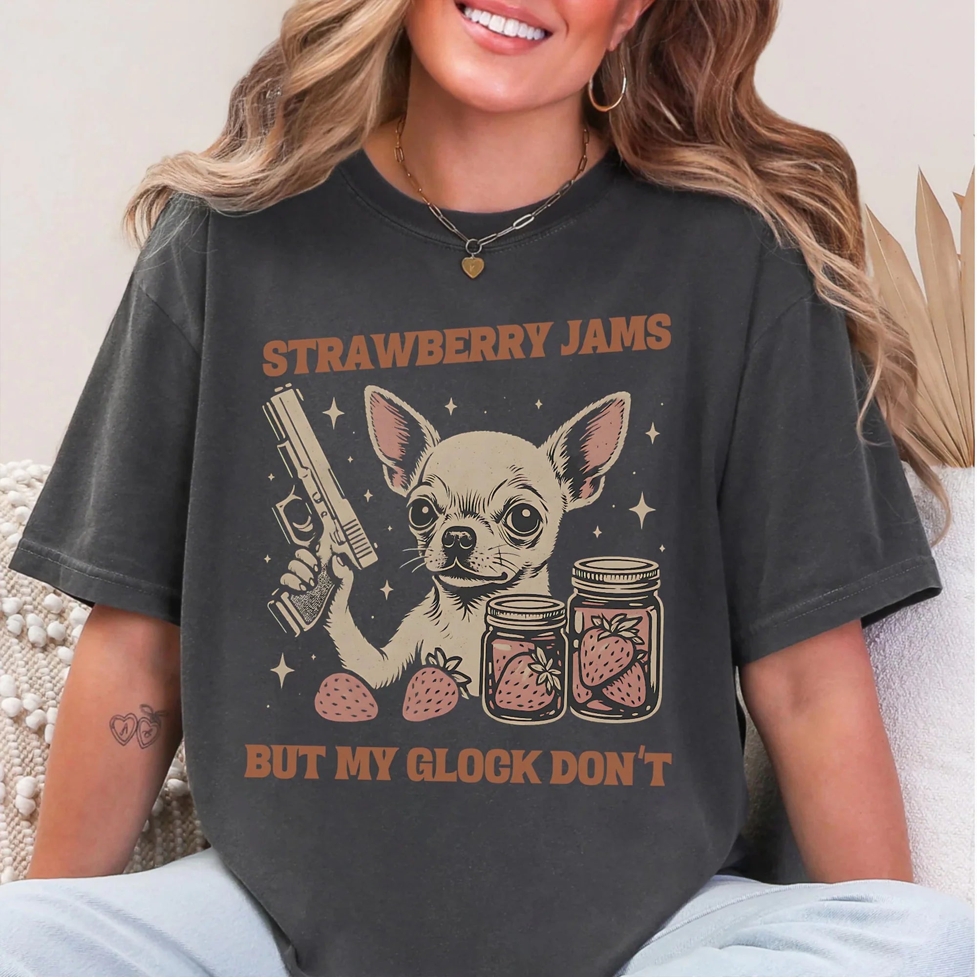 Funny Chihuahua T-Shirt, Strawberry Jams But Glock Don't Comfort Colors Chihuahua Funny Meme Tee Shirt
