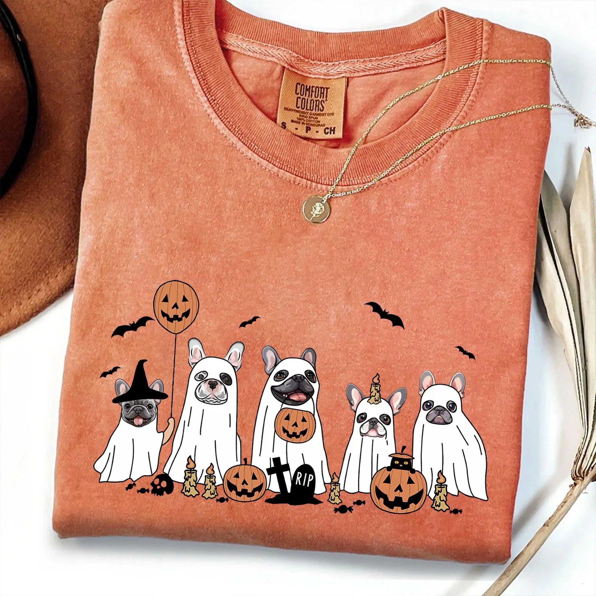 Halloween French Bulldog T-Shirt, Cute Ghost Dogs Halloween Shirt, Dogs Lover Halloween Gift, Pumpkin Halloween Dogs Shirt