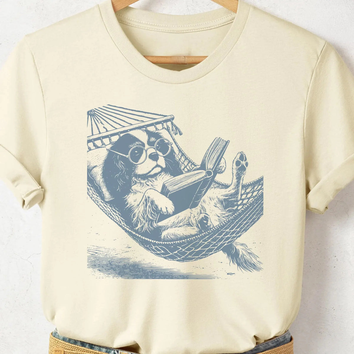 Cavalier King Charles Spaniel, Vintage Dog T-Shirt, Funny Dog Shirt, Dog Mom Shirt, Reading Dog TShirt, Summer Hammock, Cavalier Gift