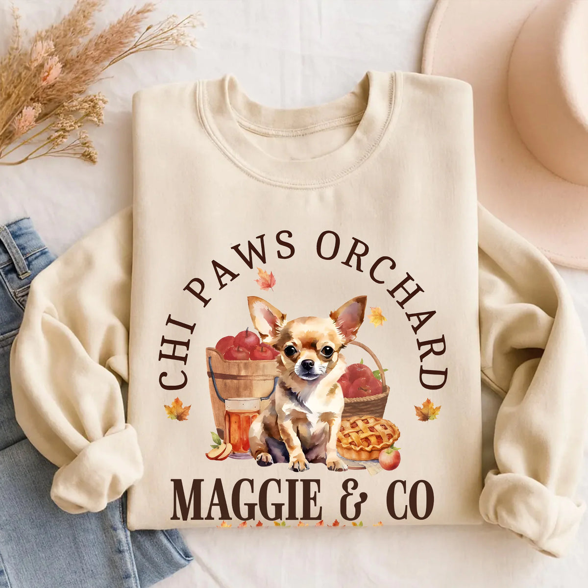 Custom Fall Chihuahua Sweatshirt Autumn Apple &amp; Pumpkin Chihuahua Mom