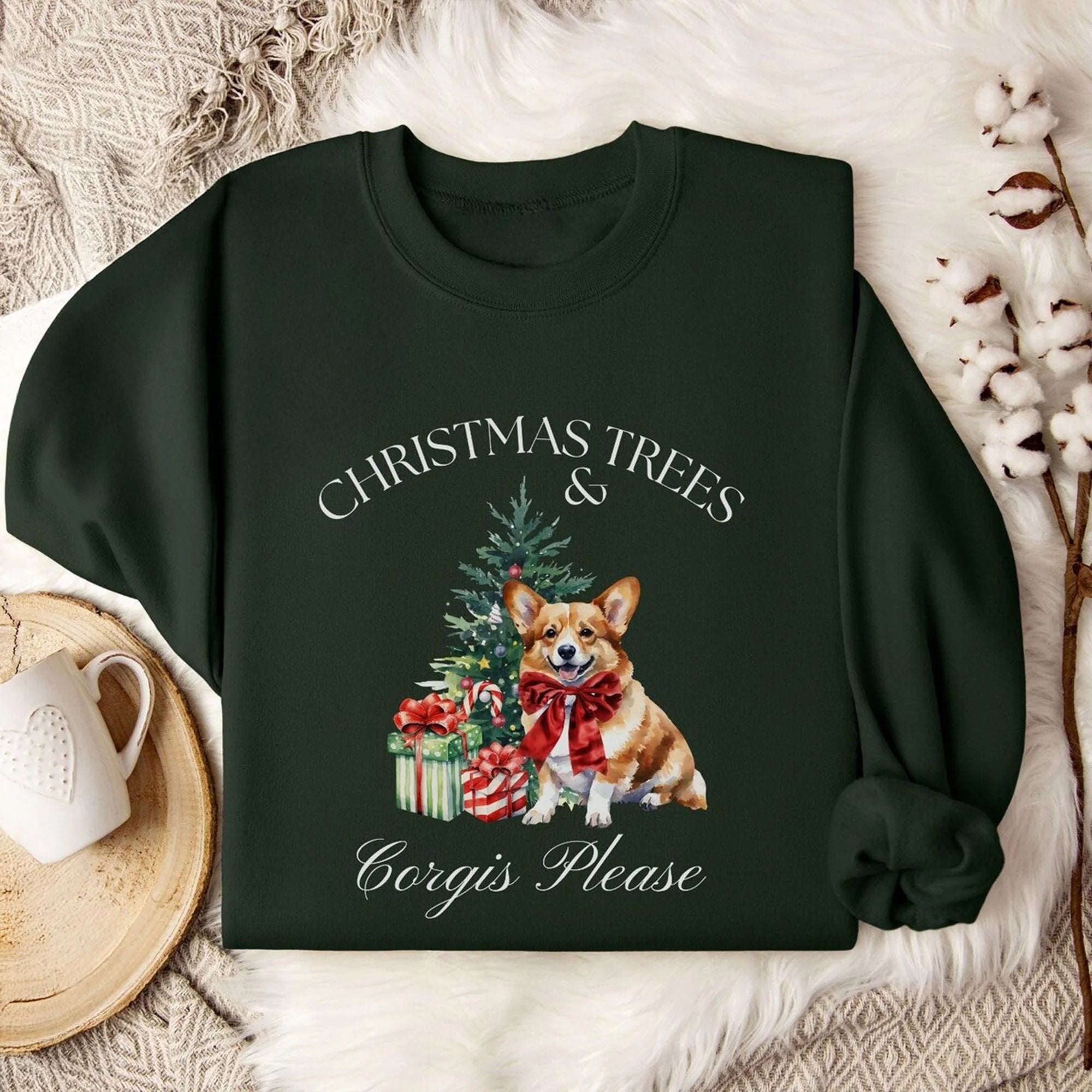 Pembroke Corgi Sweatshirt Christmas Trees Winter Holiday Tricolor