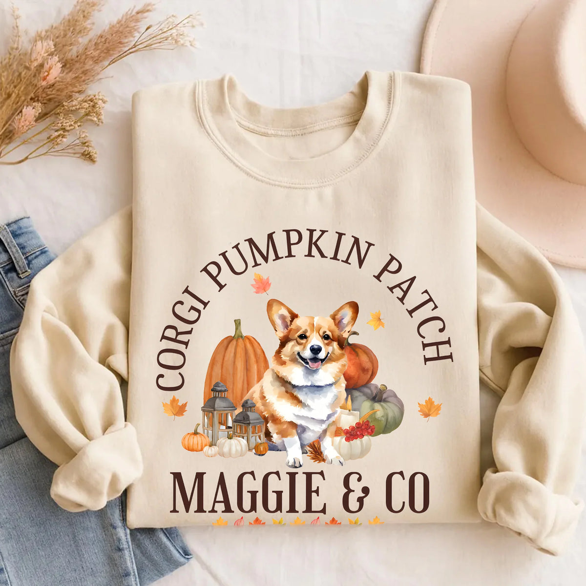 Custom Fall Corgi Sweatshirt Autumn Apple &amp; Pumpkin Pembroke