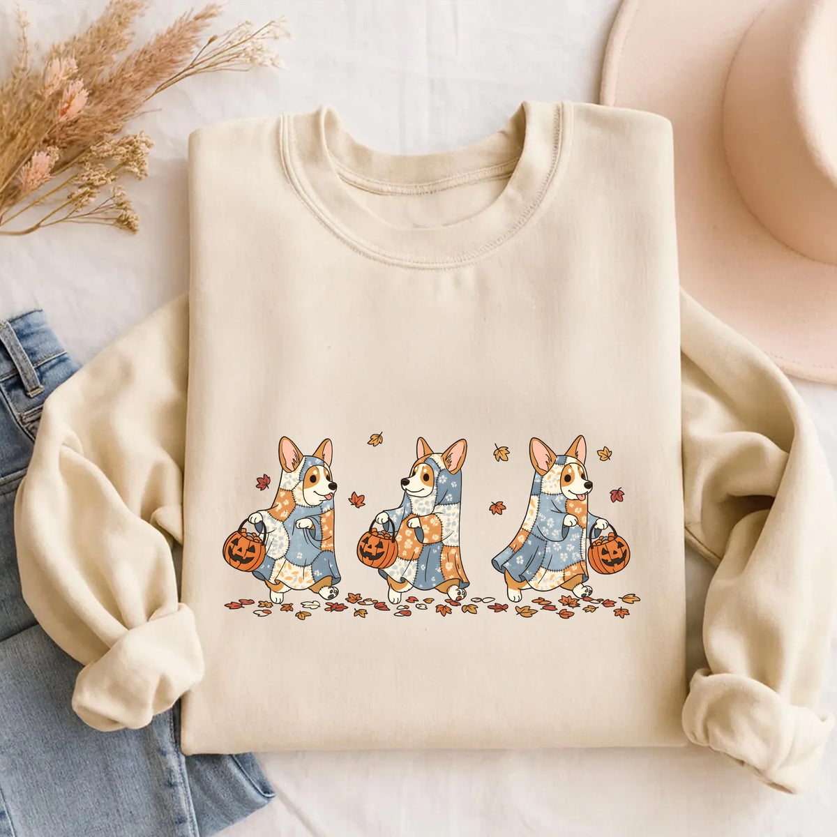 Halloween Corgi Mama Sweatshirt Patchwork Ghosts Cotton