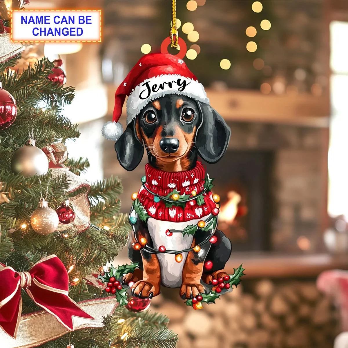 Custom Name Cute Dachshund Dog Christmas Lights Personalized Ornament