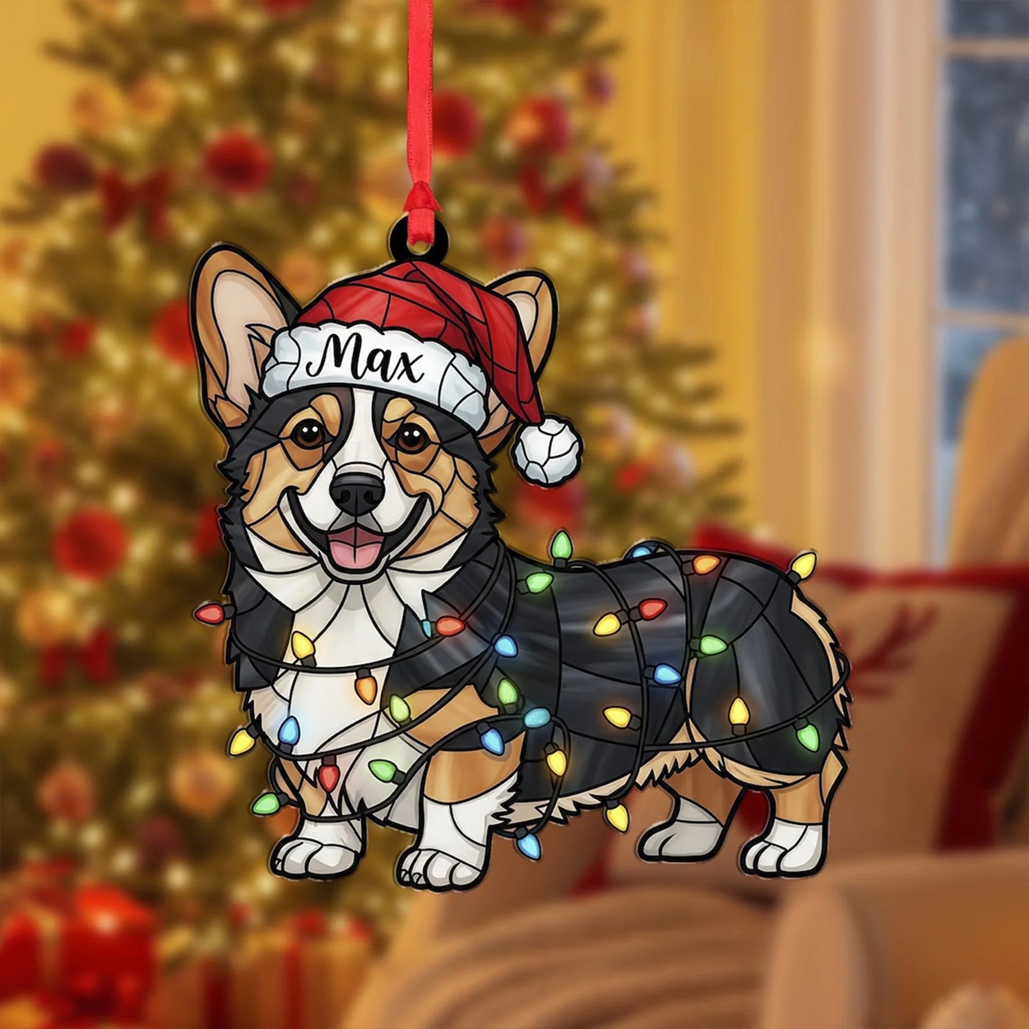 Custom Corgi Ornament – Dog Name & Santa Hat