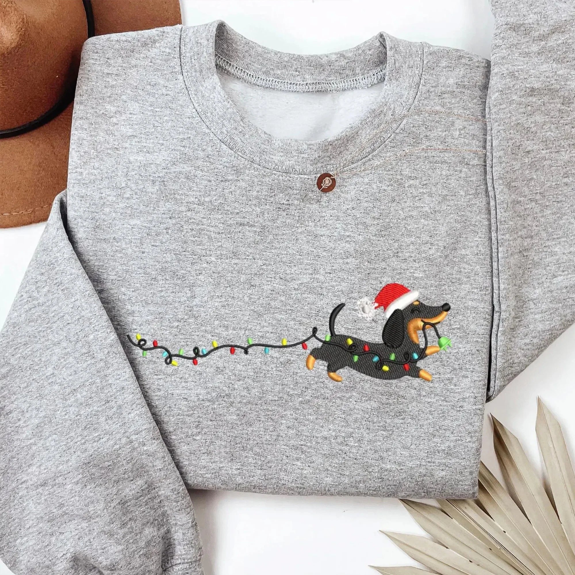 Embroidered Dachshund Christmas Sweatshirt, Cute Dog Holiday Sweater