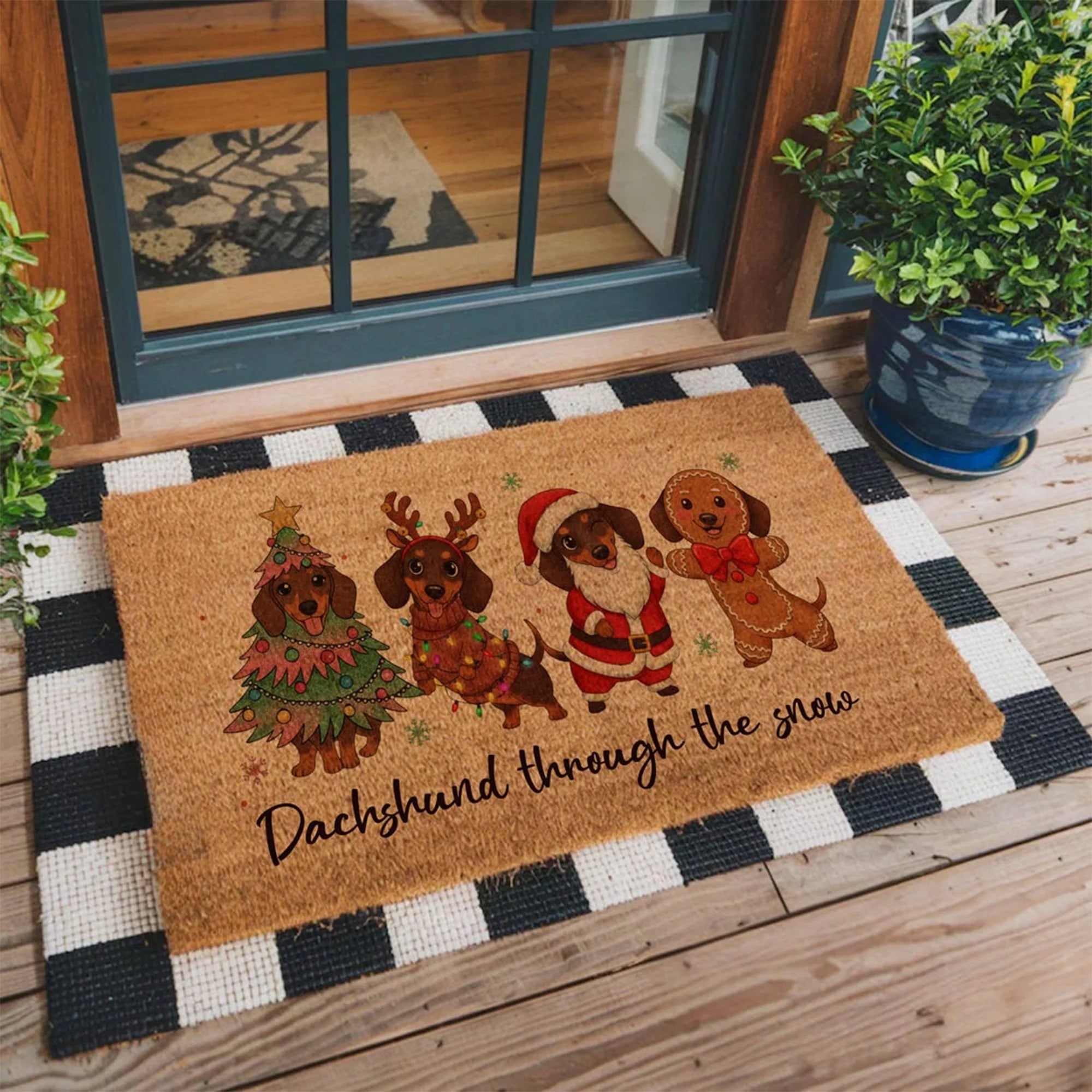 Merry Christmas Dachshund Doormat, Cute Dogs Holiday Welcome Mat
