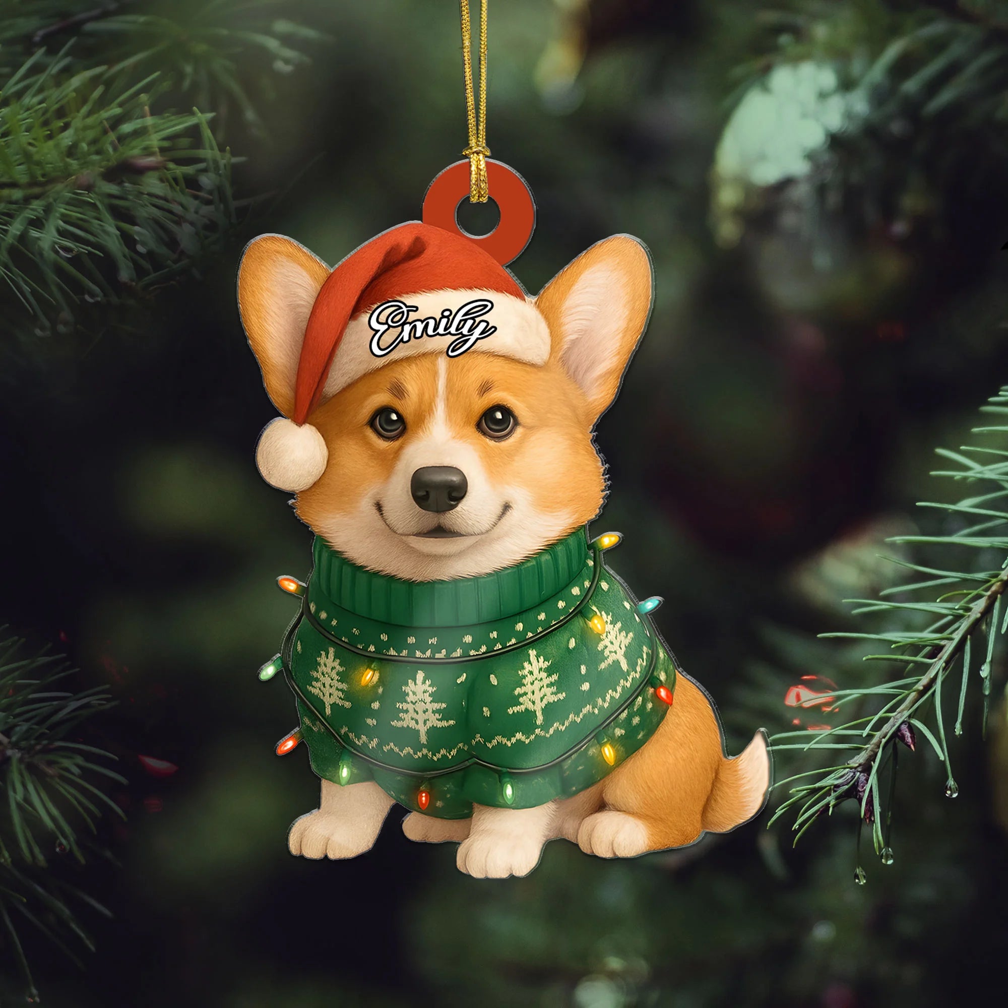 Custom Name Cute Sitting Corgi Dog with Santa Hat Christmas Lights Ornament