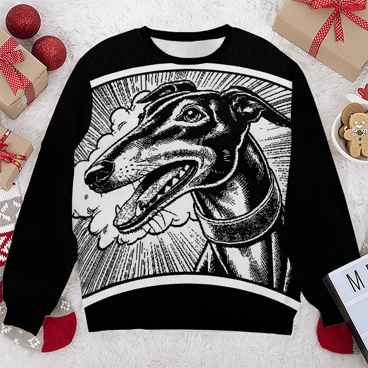 Black Sweater with White Comic-Style Greyhound Head Design Front &amp; Back