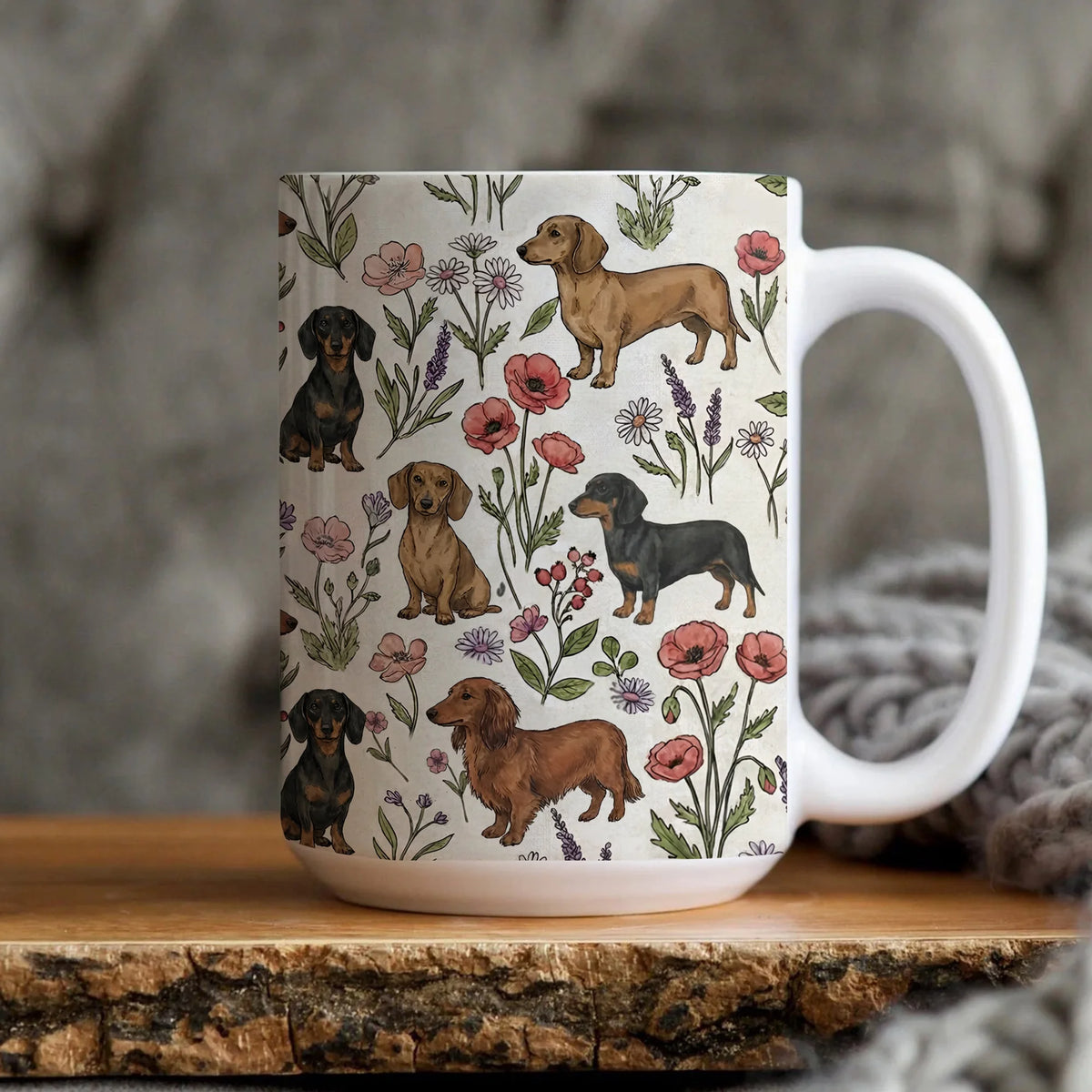 Dachshund Floral Accent Coffee Mug, 11oz & 15oz, Doxie Weiner dog Tea Cup  Gift