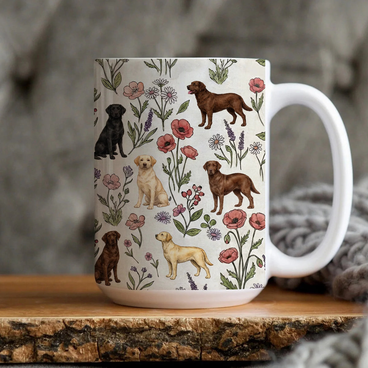 Labrador Retriever Floral Accent Coffee Mug, Yellow, black and chocolate Lab Tea Cup Gift