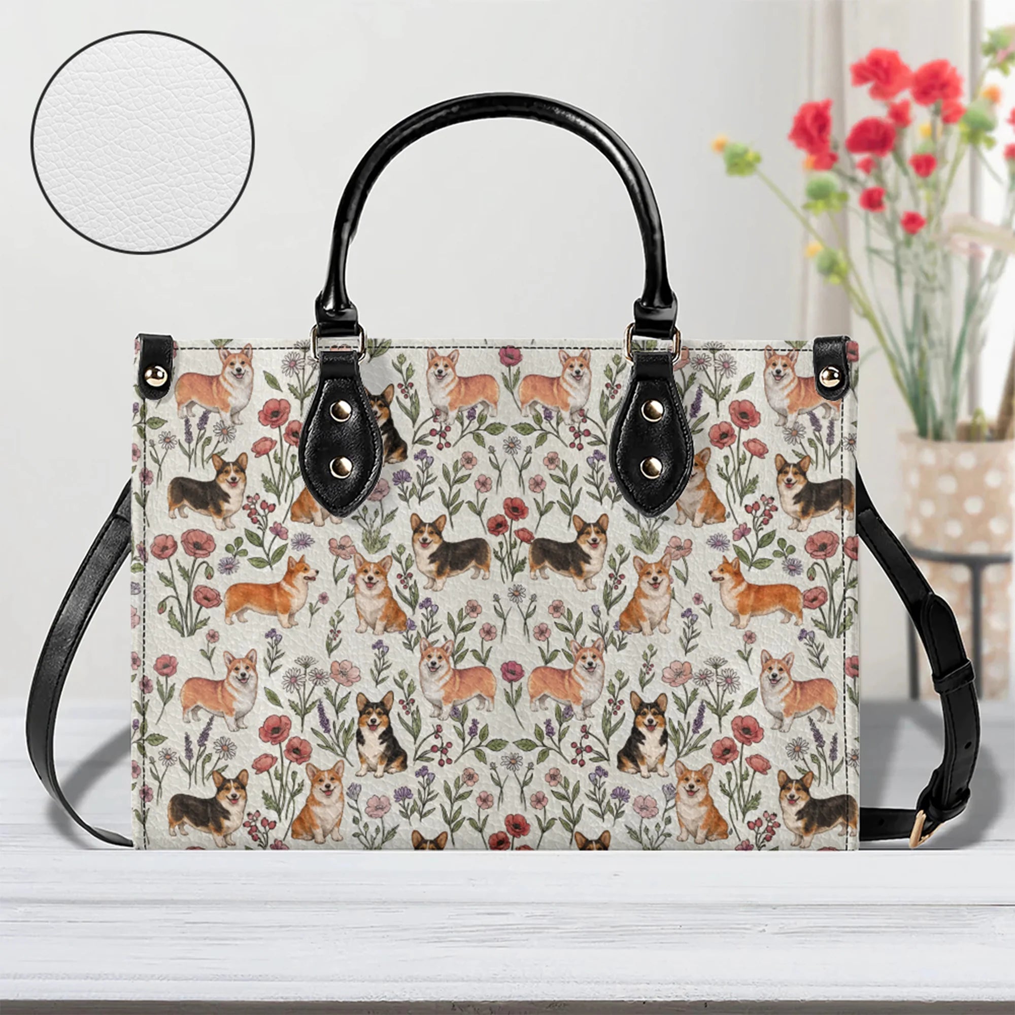 Welsh Corgi Floral Accent Handbag, Cute Dog Lover Purse, Corgi Gift for Everyday Use