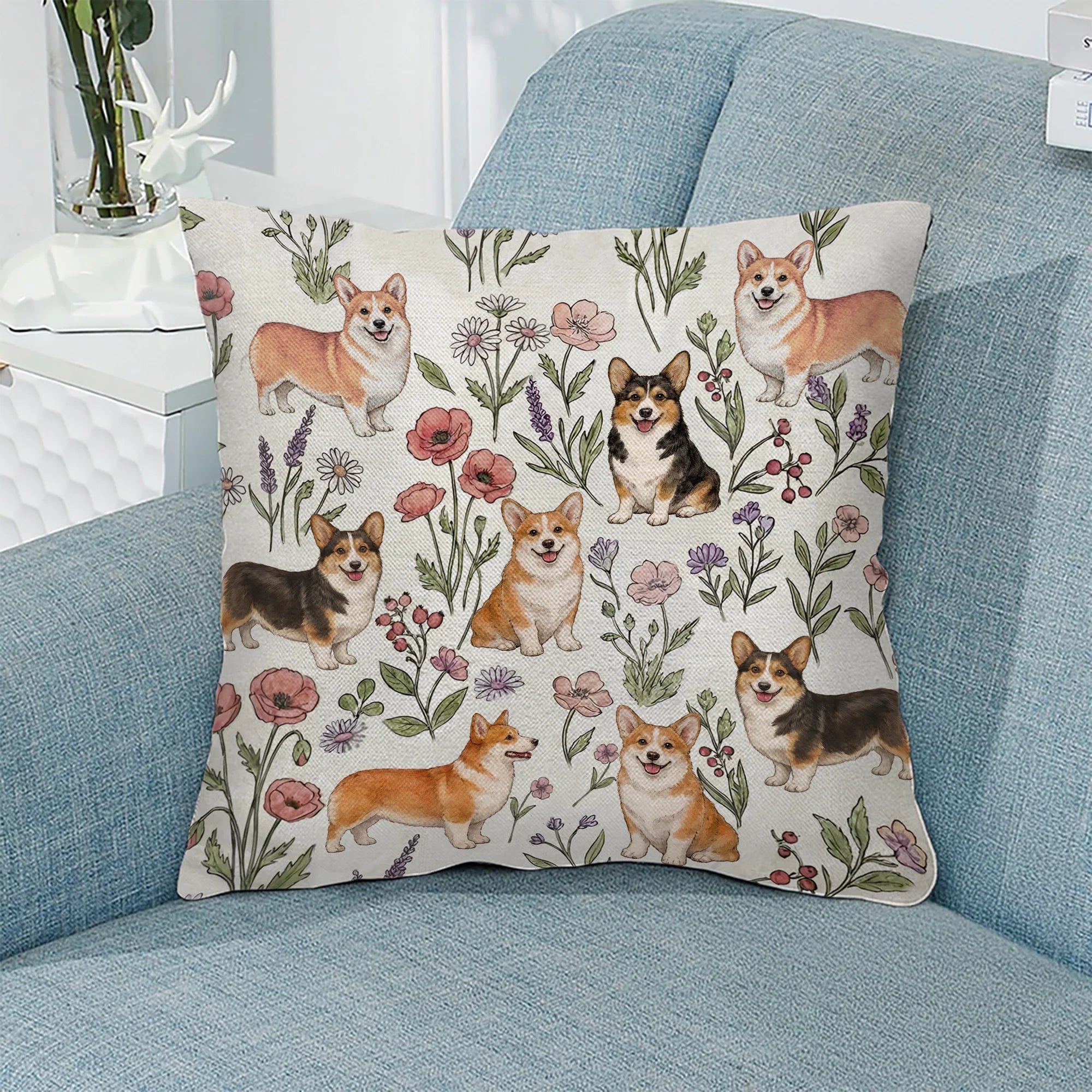 Welsh Corgi Floral Accent Pillow Cover, Cute Dog Lover Throw Pillow Cover, Corgi Home Decor Gift