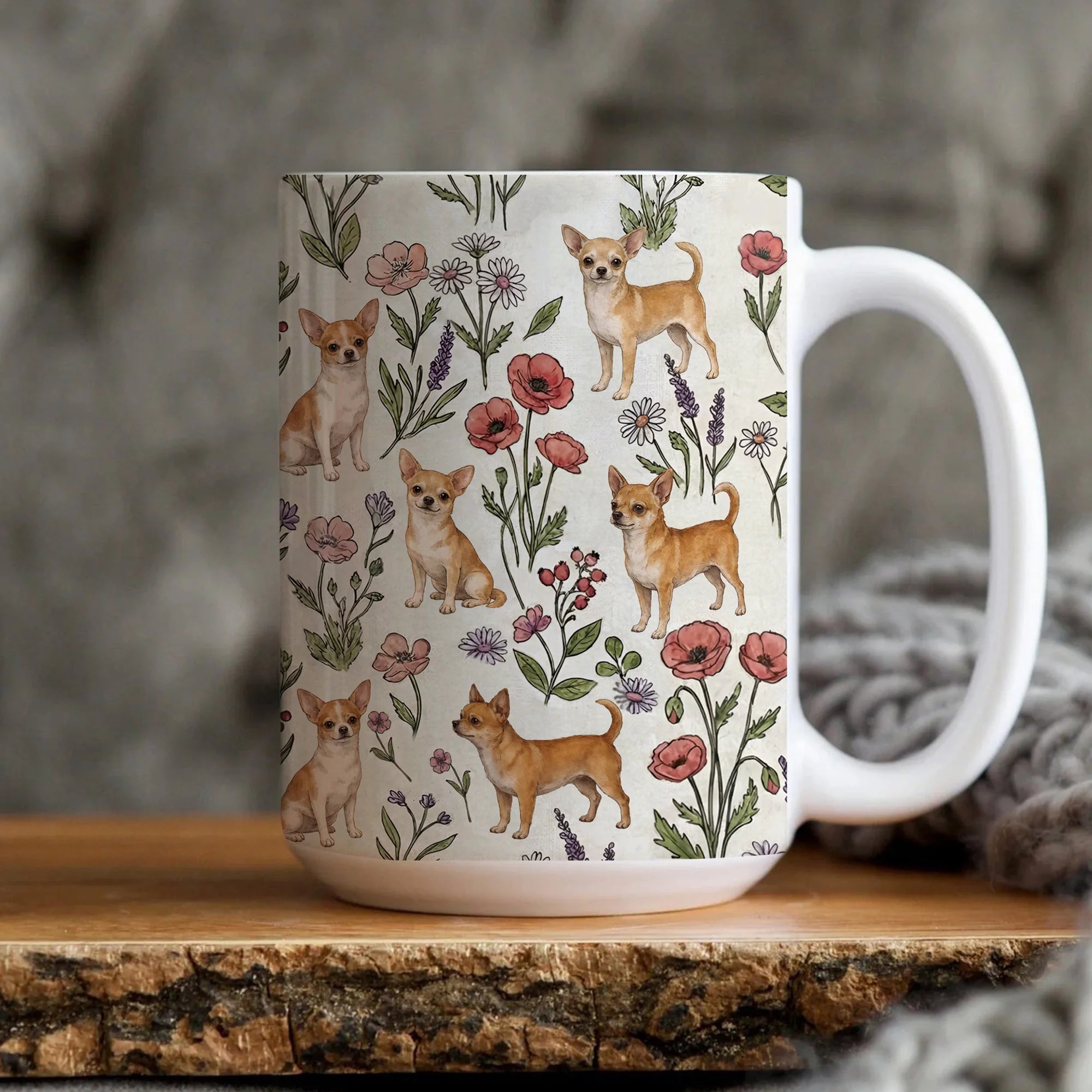 Chihuahua Puppy Floral Accent Coffee Mug, Chihuahua Dog Tea Cup Gift for Dog mom