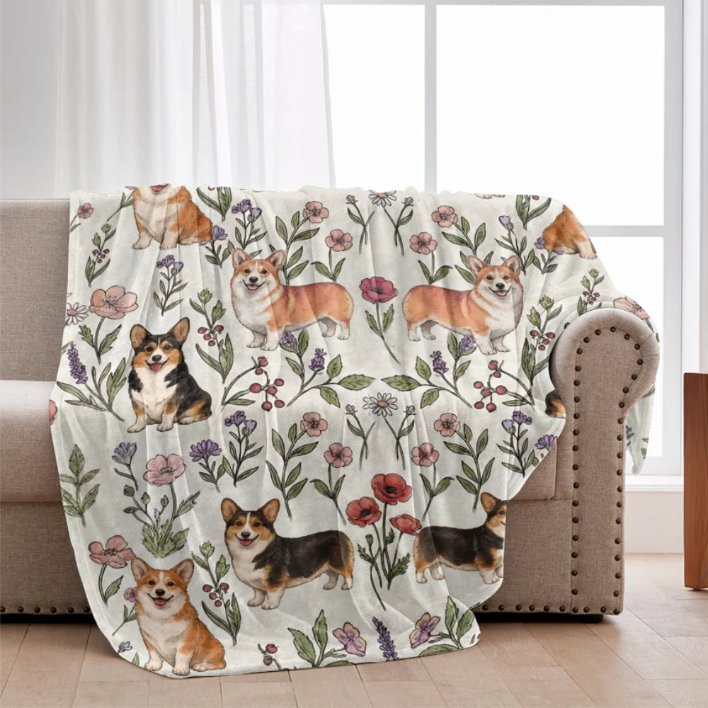 Welsh Corgi Floral Accent Blanket, Cozy Dog Lover Throw, Corgi Gift for Home Decor