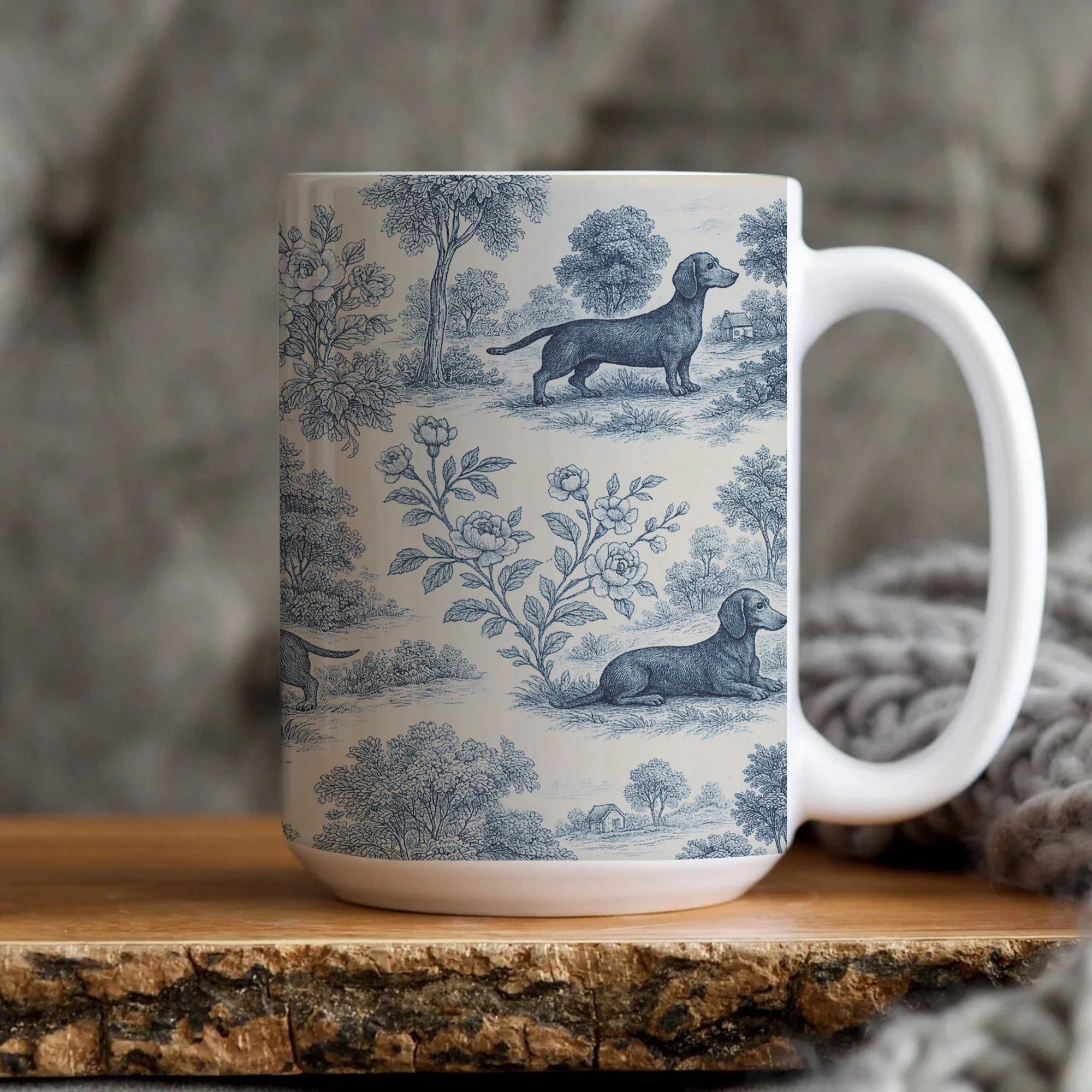 Dachshund French Toile de Jouy Mug, Blue Toile Coffee Cup for Doxie Mom Mug