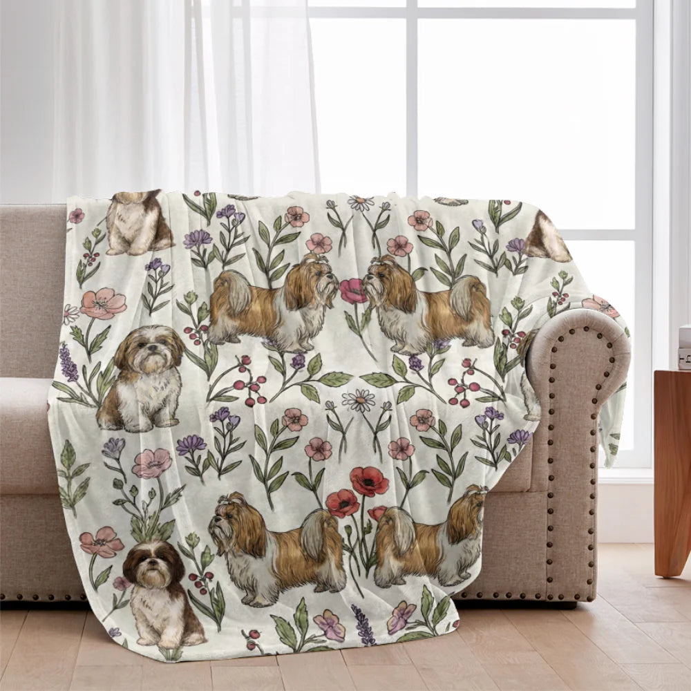 Shih Tzu Floral Accent Blanket, Cute Shih Tzu Dog Throw, Pet Owner Cozy Gift