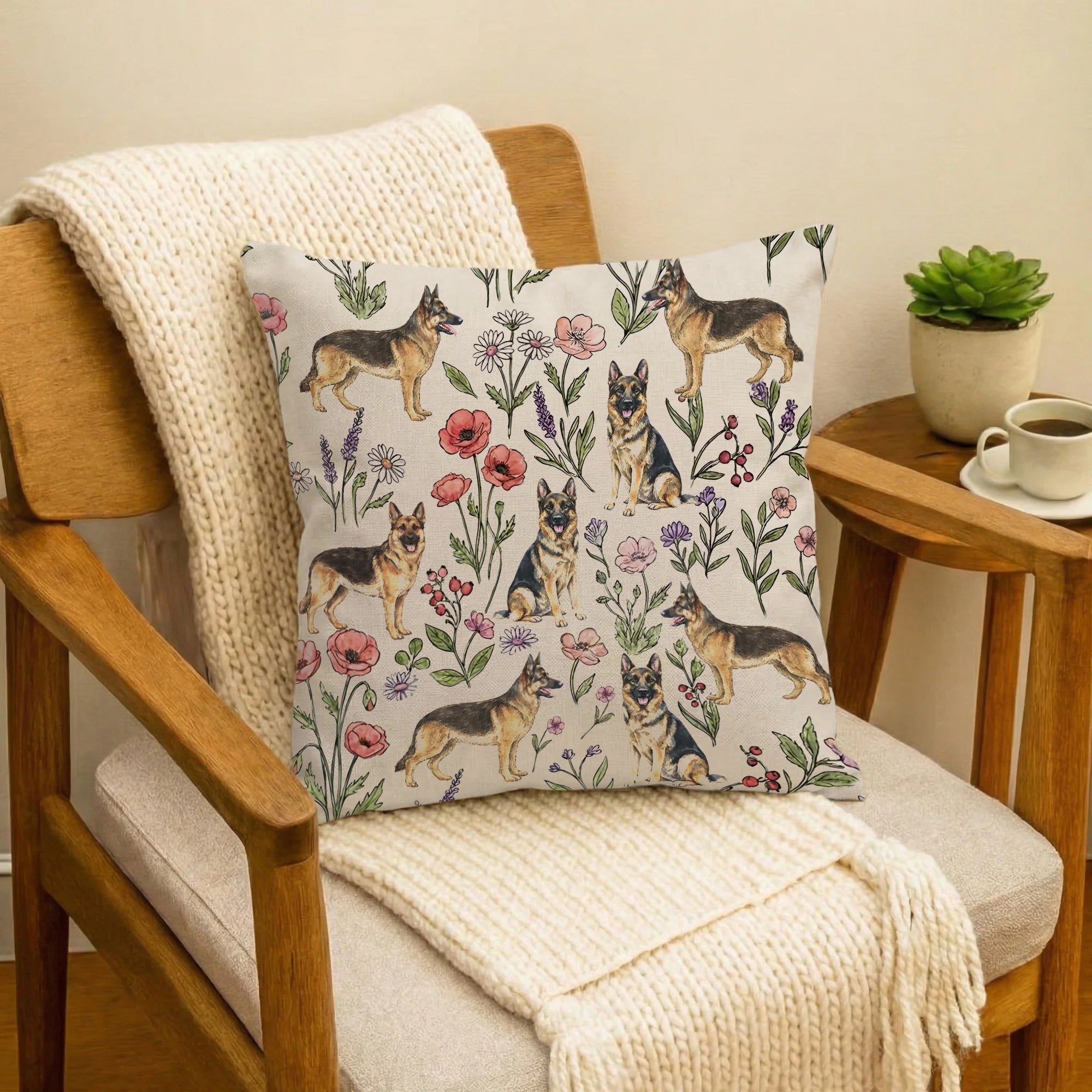 German Shepherd Floral Accent Pillow Cover – Dog Lover Home Decor Gift
