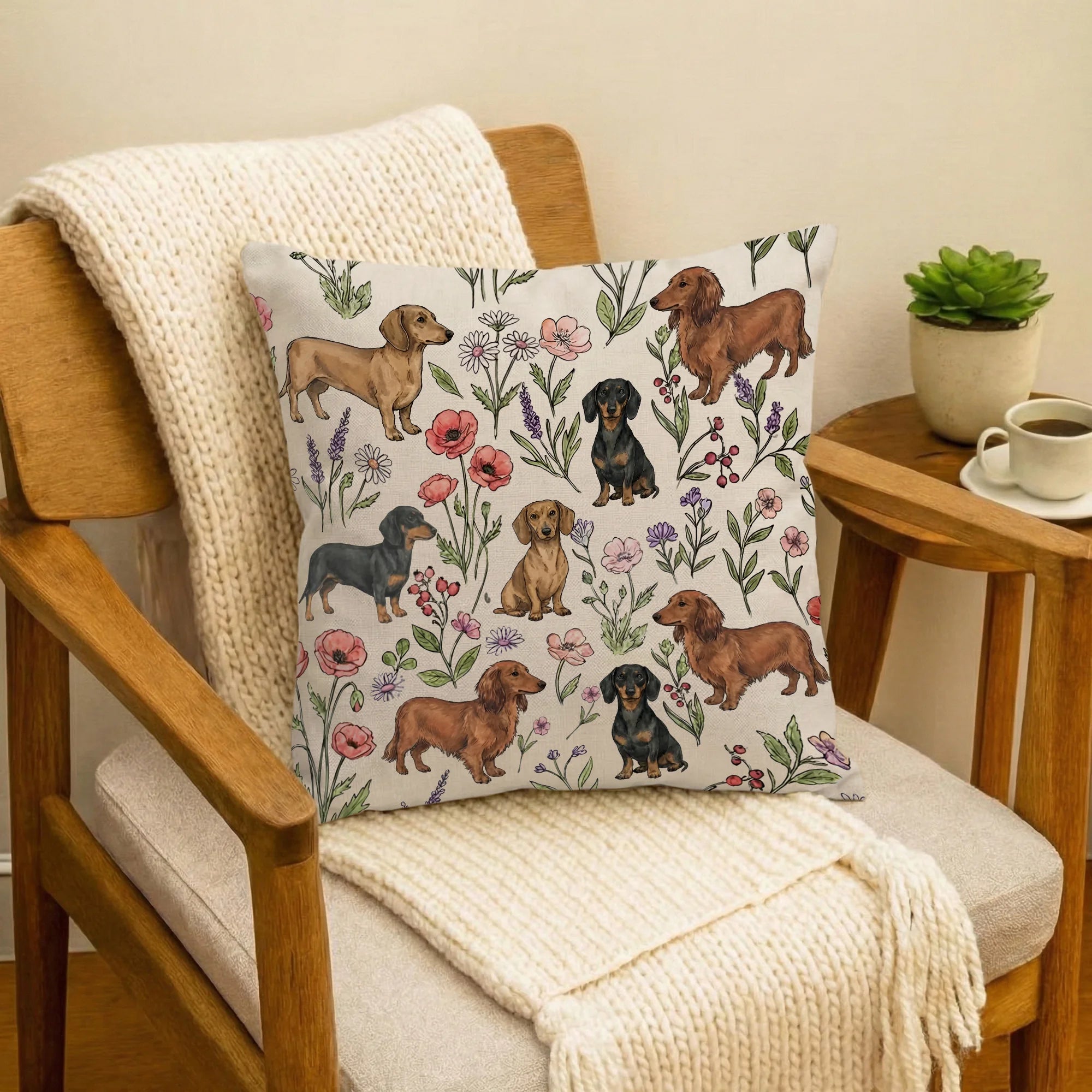 Dachshund Floral Accent Pillow Cover, Doxie Weiner Dog Throw Pillow Cover, Cute Dog Lover Gift