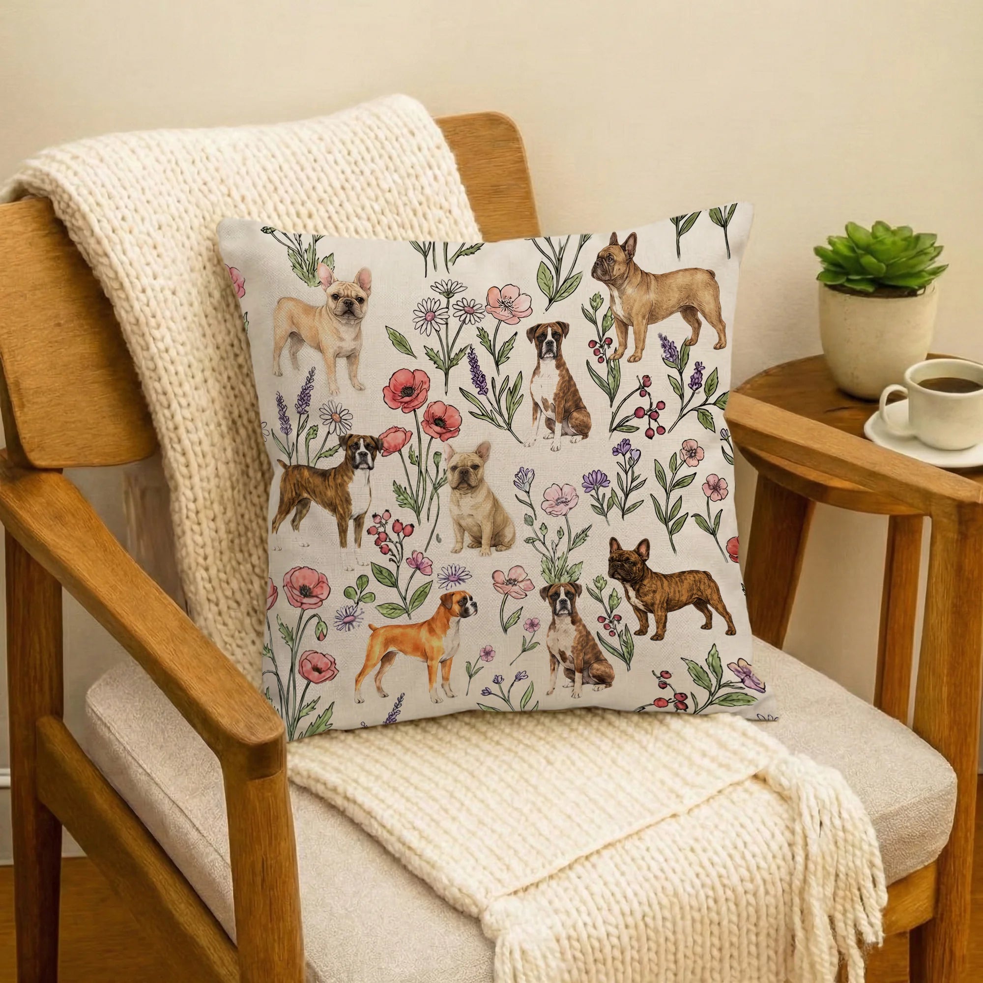 Boxer Dog Floral Accent Pillow Cover, Cute Boxer Puppy Throw Pillow Cover Gift