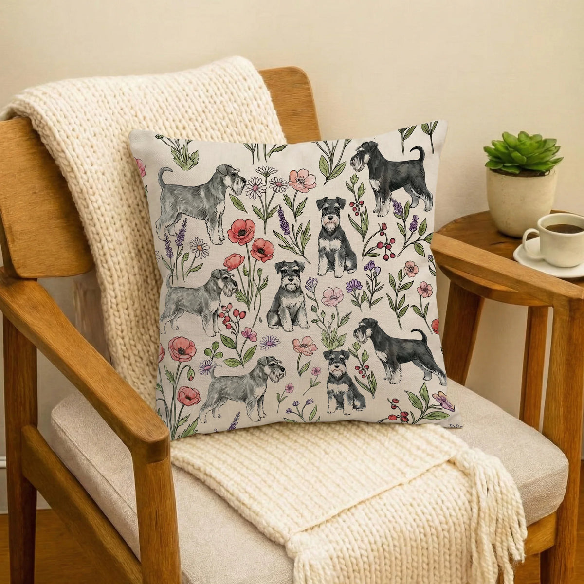 Mini Schnauzer Floral Accent Pillow Cover, Cute Schnauzer Dog Throw Pillow Cover