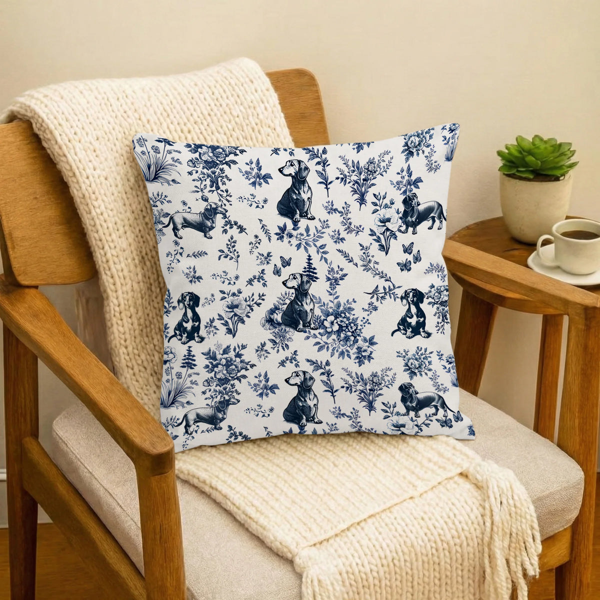 Dachshund French Toile de Jouy Pillow Cover, Blue Toile Doxie Throw Pillow Cover