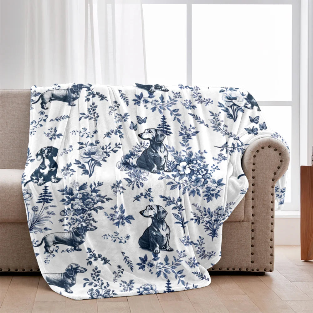 Dachshund French Toile de Jouy Blanket, Blue Toile Doxie Throw Blanket