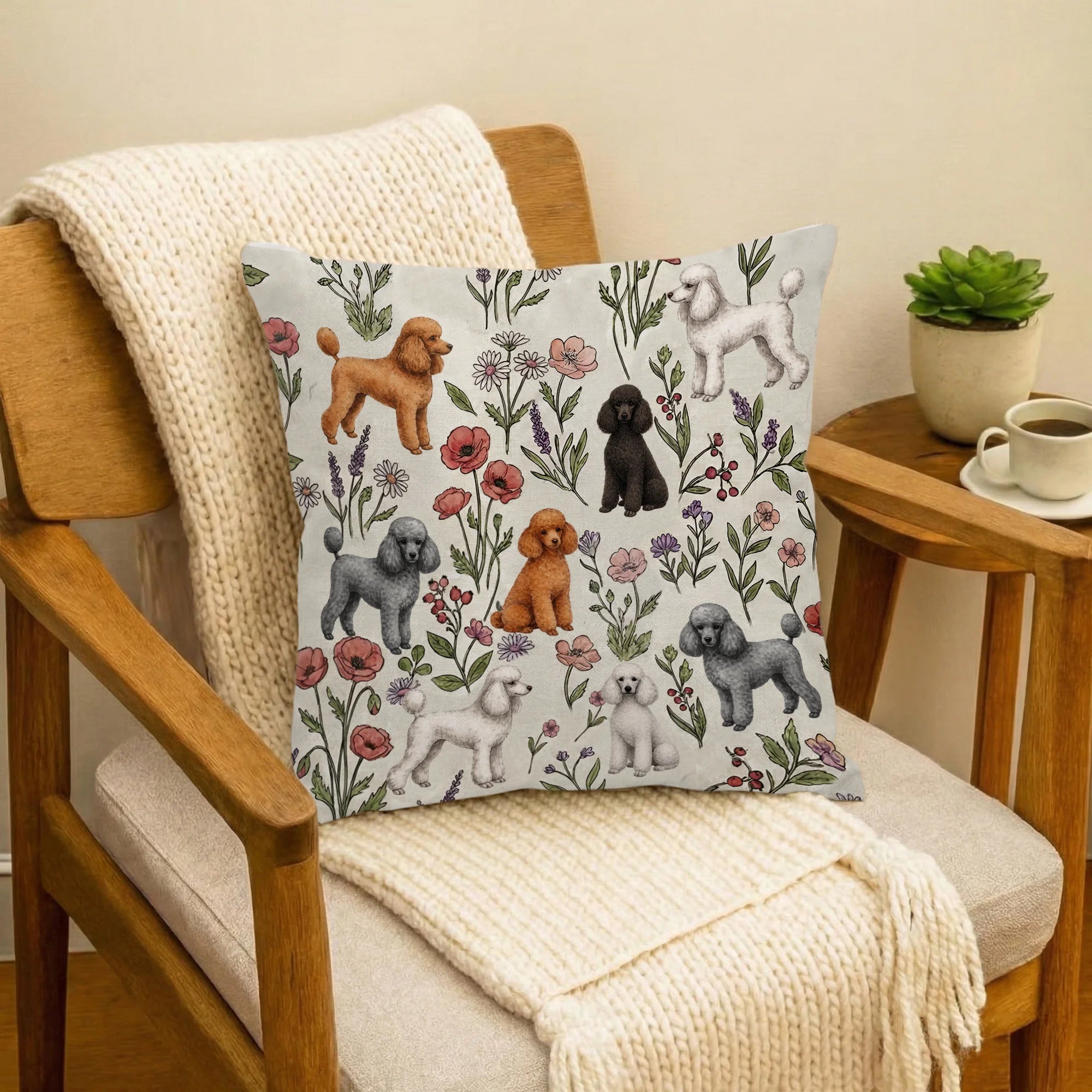 Poodle Dog Floral Accent Pillow Cover, Cute Poodle Throw Pillow Cover