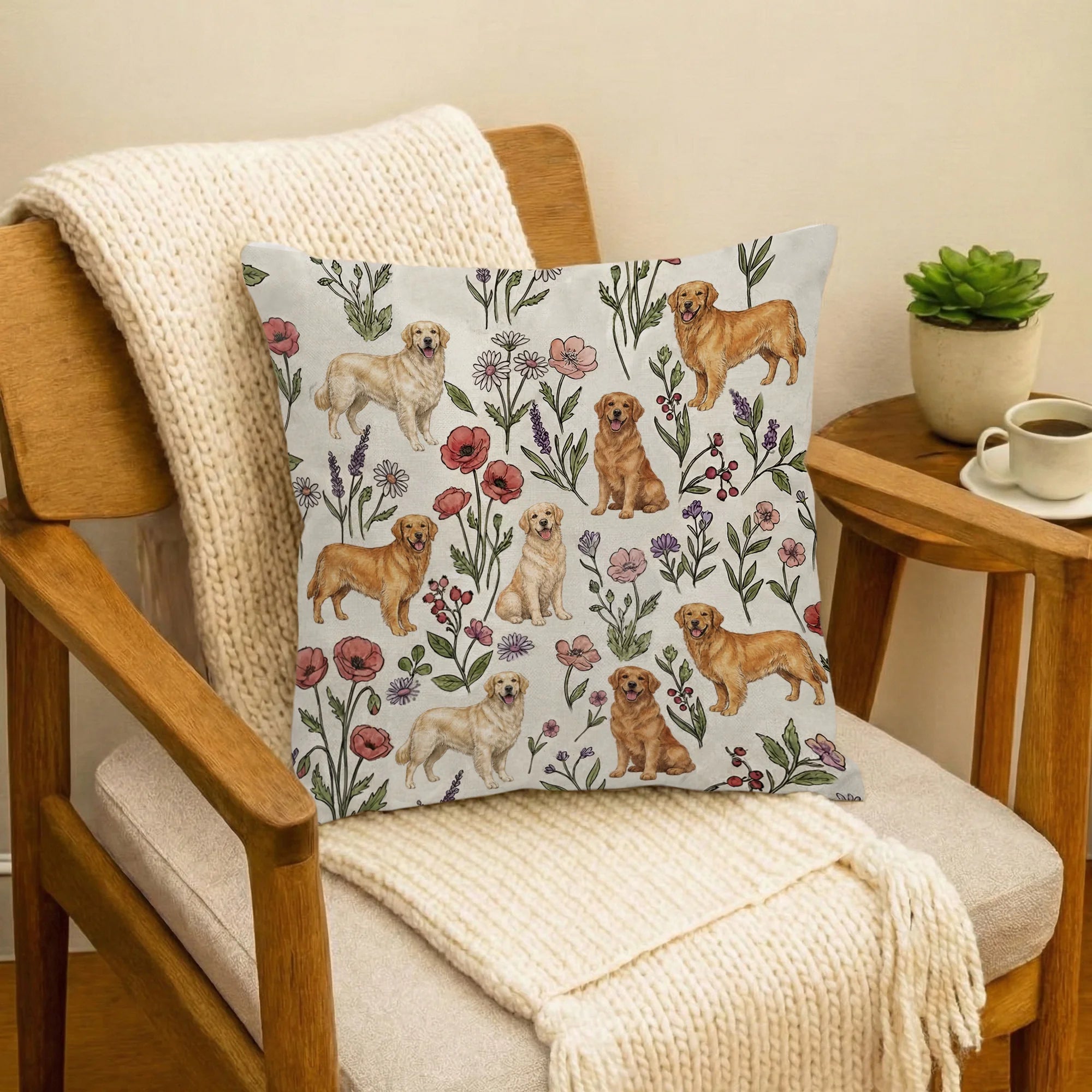 Golden Retriever Puppy Floral Accent Pillow Cover, Golden Retriever Dog Throw Pillow Cover