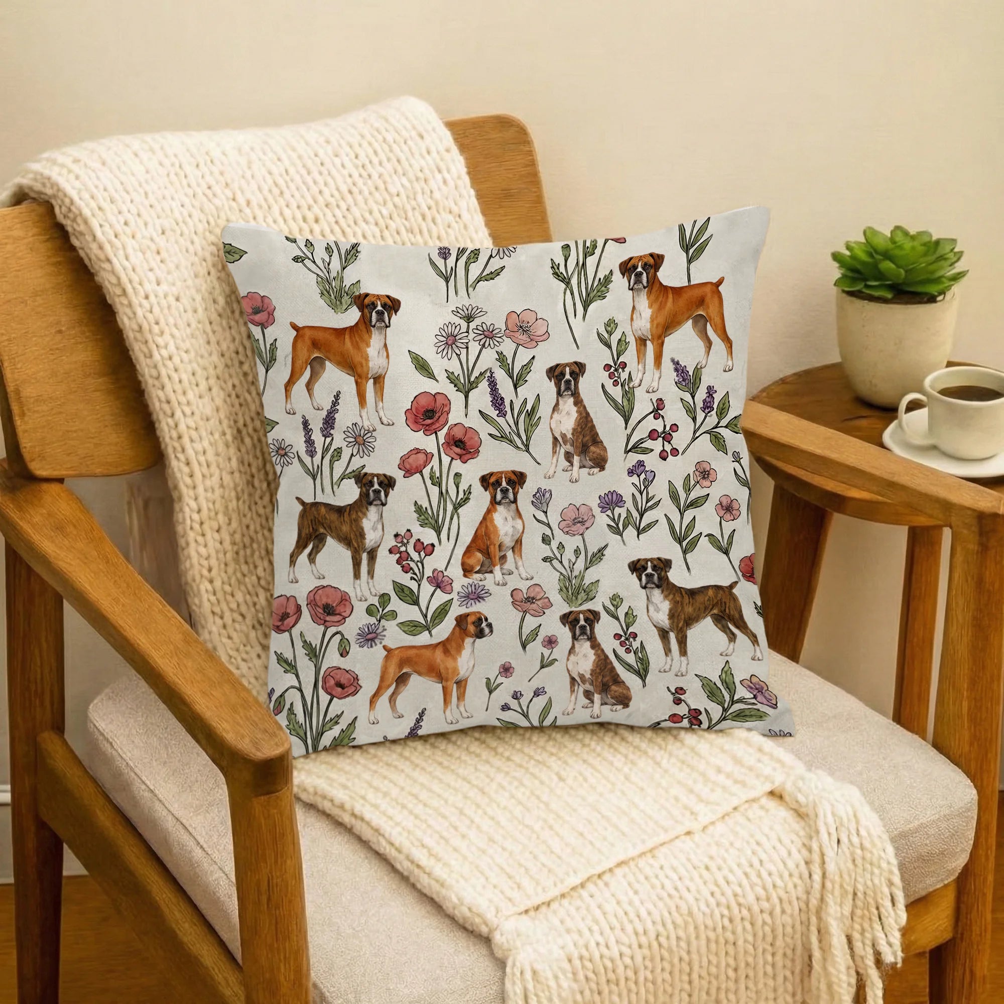 Boxer Dog Floral Accent Pillow Cover, Boxer Puppy Throw Pillow Cover Gift