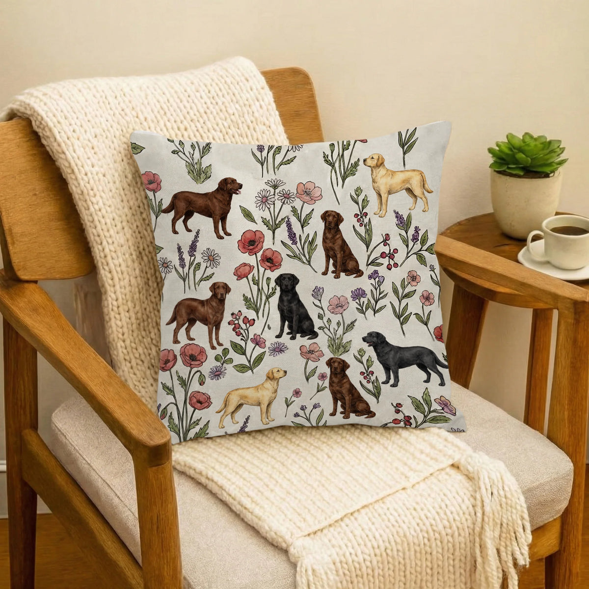 Labrador Retriever Floral Accent Pillow Cover, Yellow Black &amp; Chocolate Lab Throw Pillow Cover