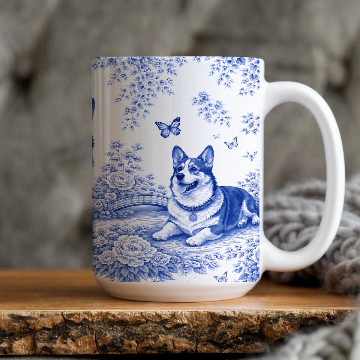 Corgi Mug in French Blue Toile de Jouy Style