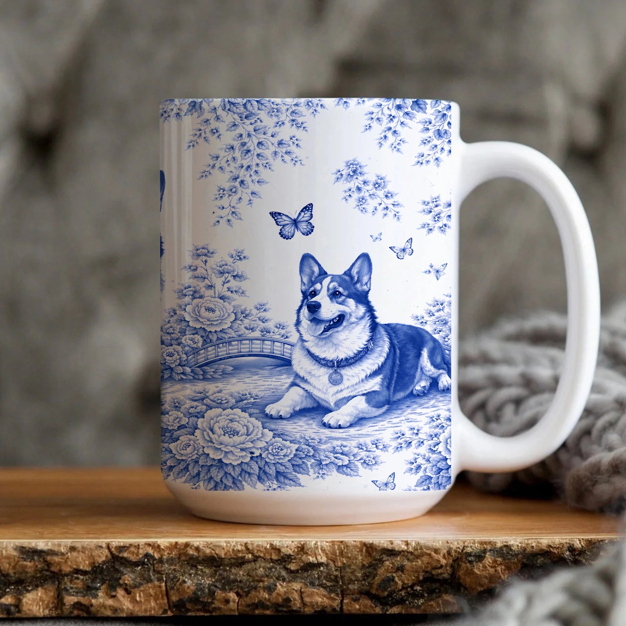 Corgi Mug in French Blue Toile de Jouy Style - Furry Joy Store